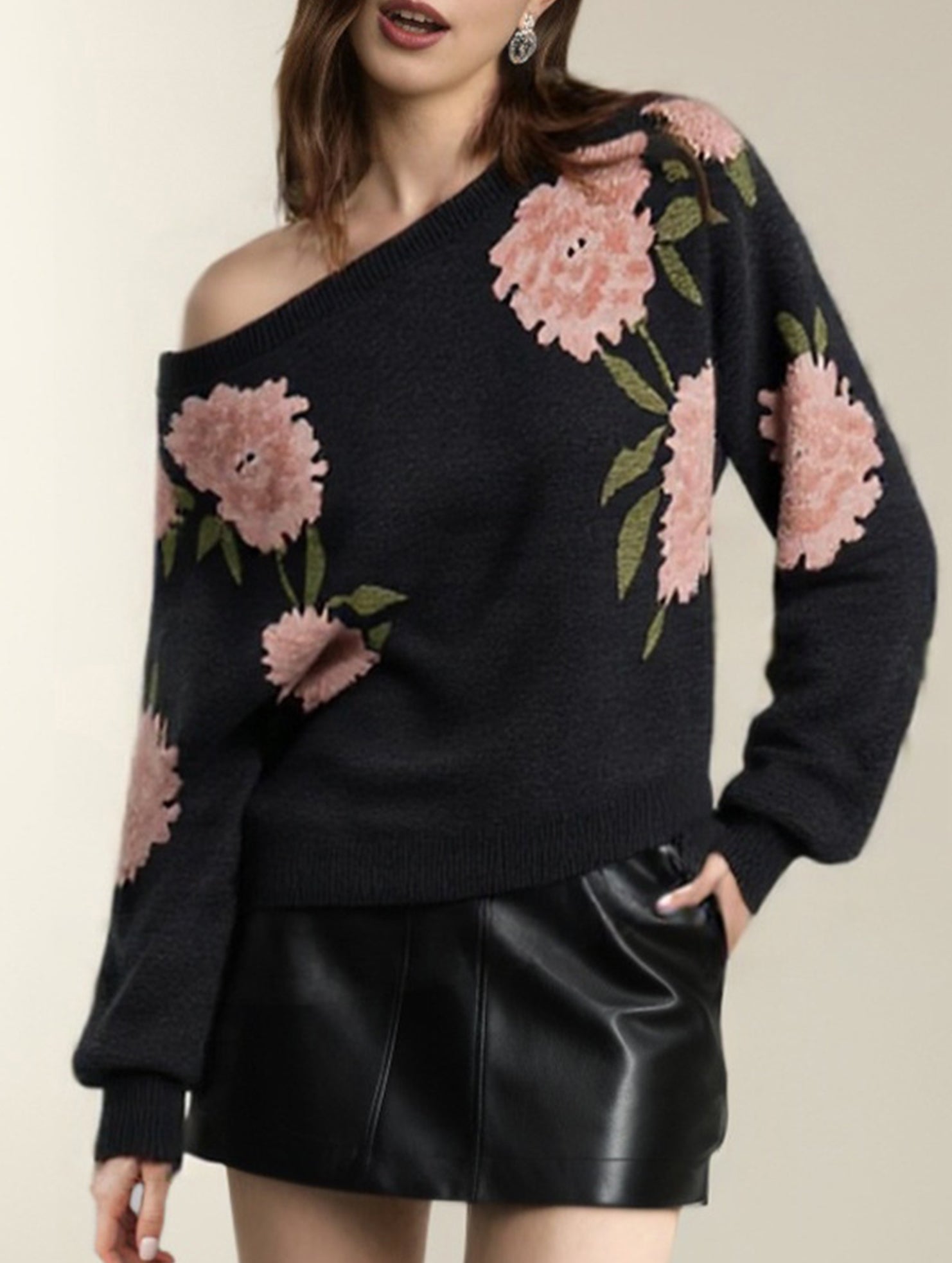 Casual long-sleeved jacquard ribbed sweater