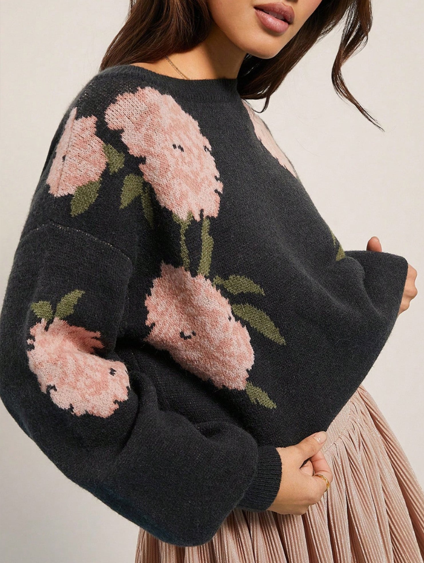 Casual long-sleeved jacquard ribbed sweater