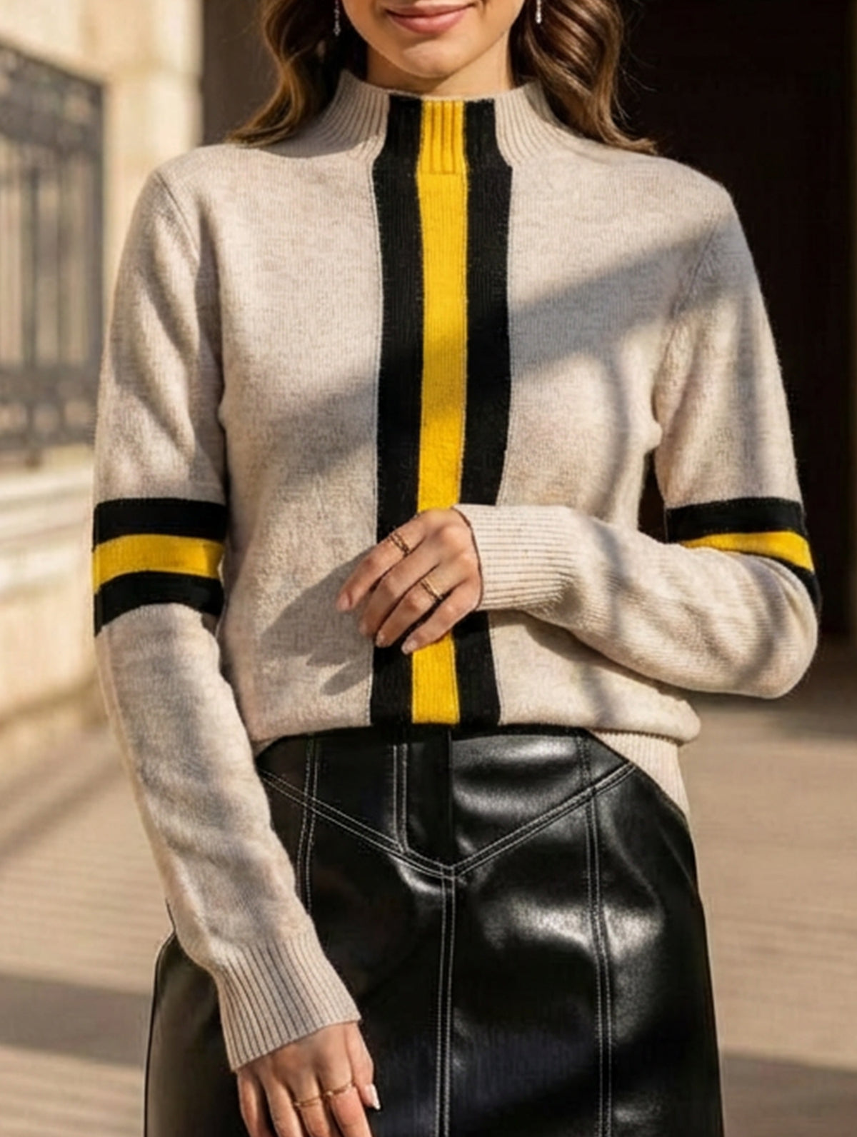 High-neck color-blocked knit sweater