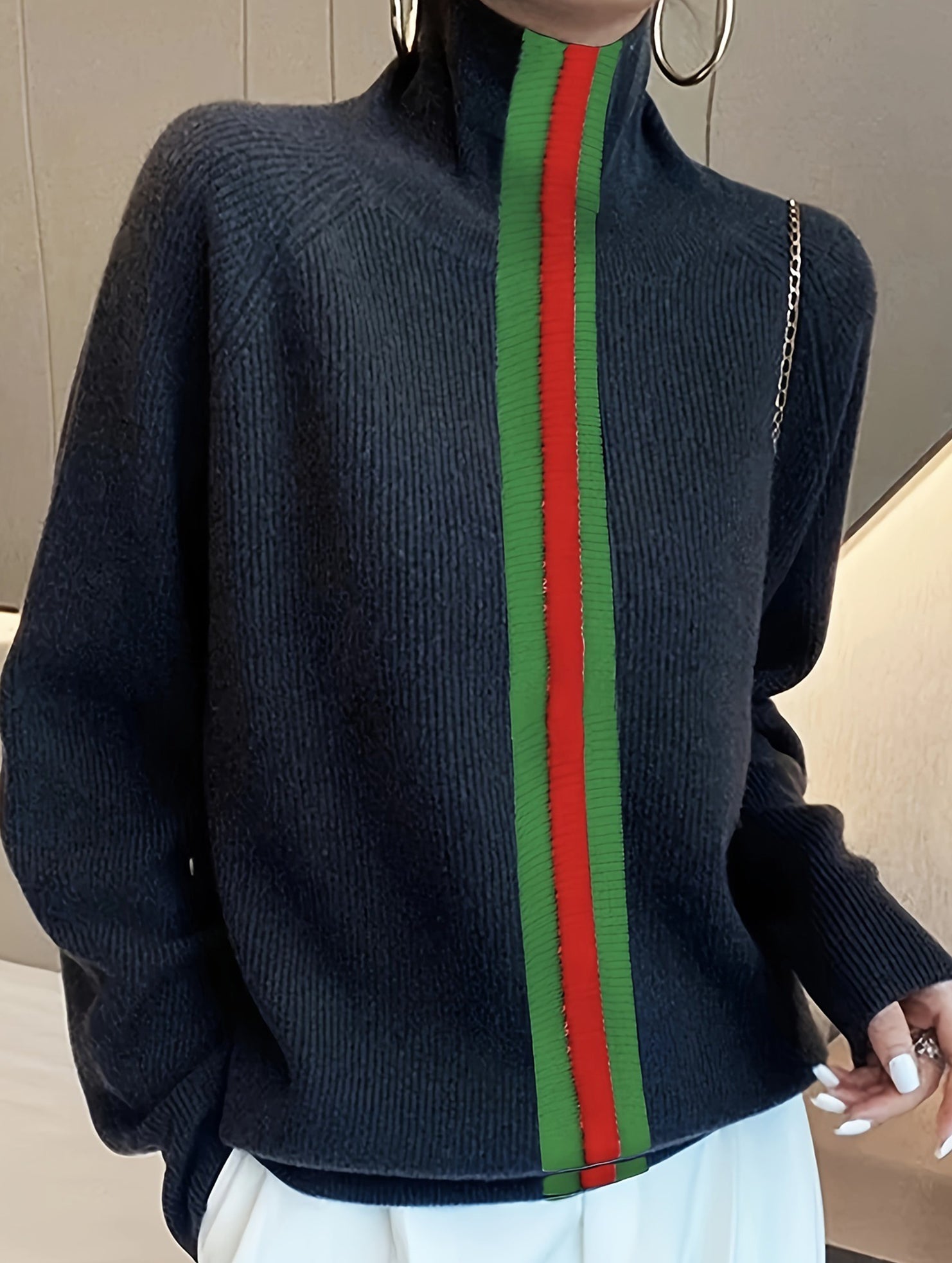 Casual turtleneck color-blocked knit sweater