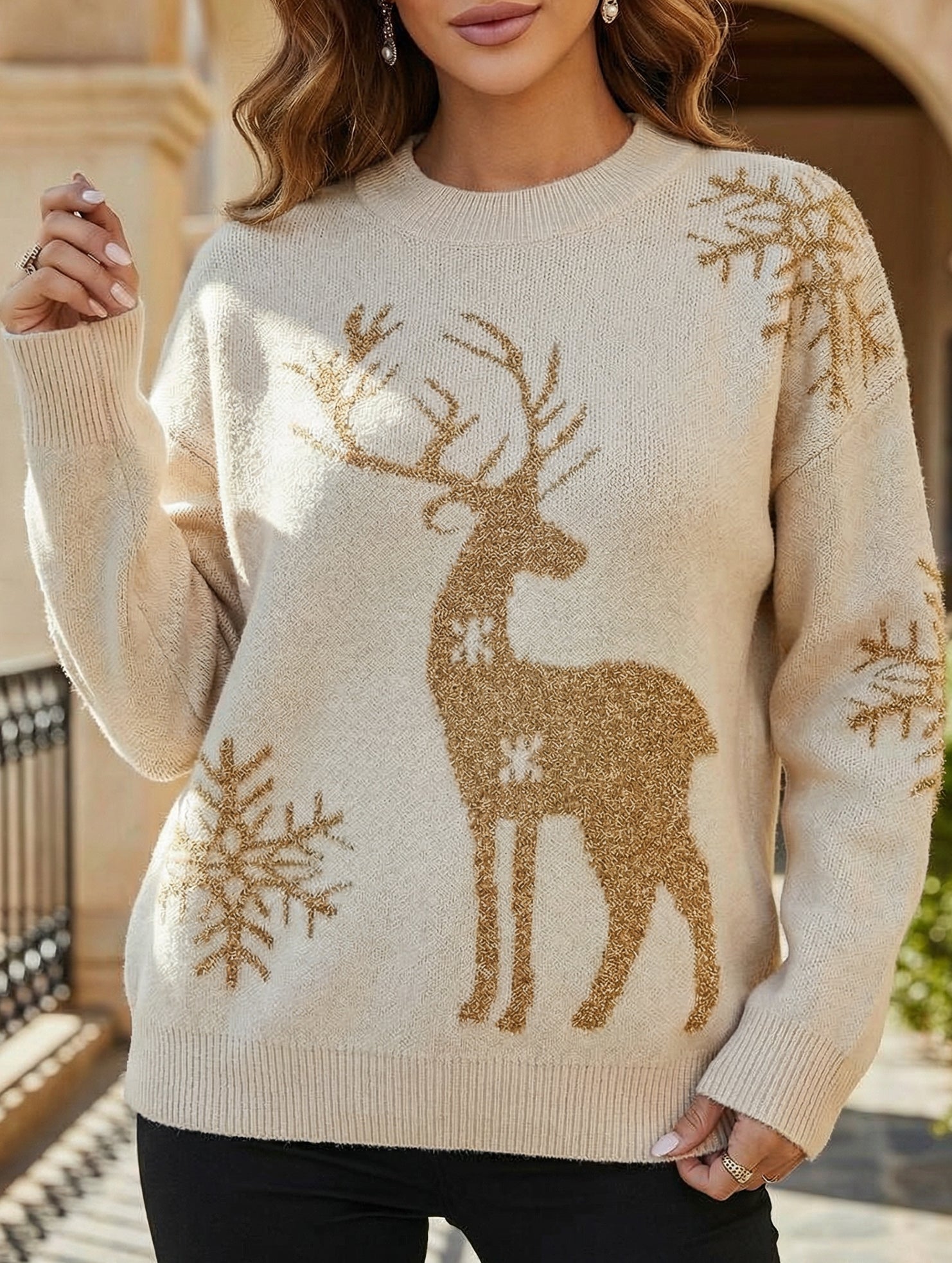 Deer jacquard crew neck knit sweater