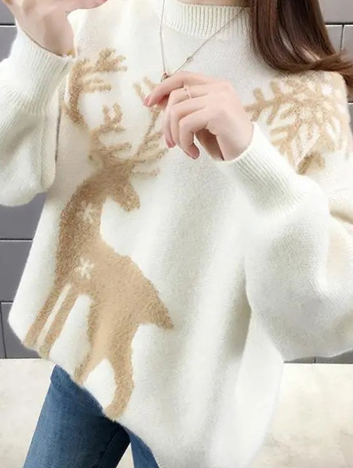 Deer jacquard crew neck knit sweater