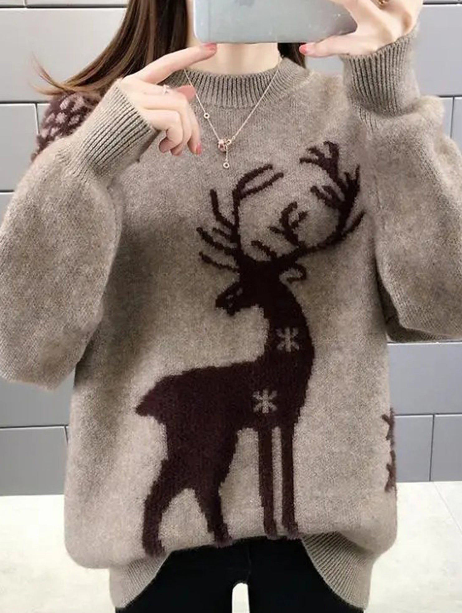 Deer jacquard crew neck knit sweater