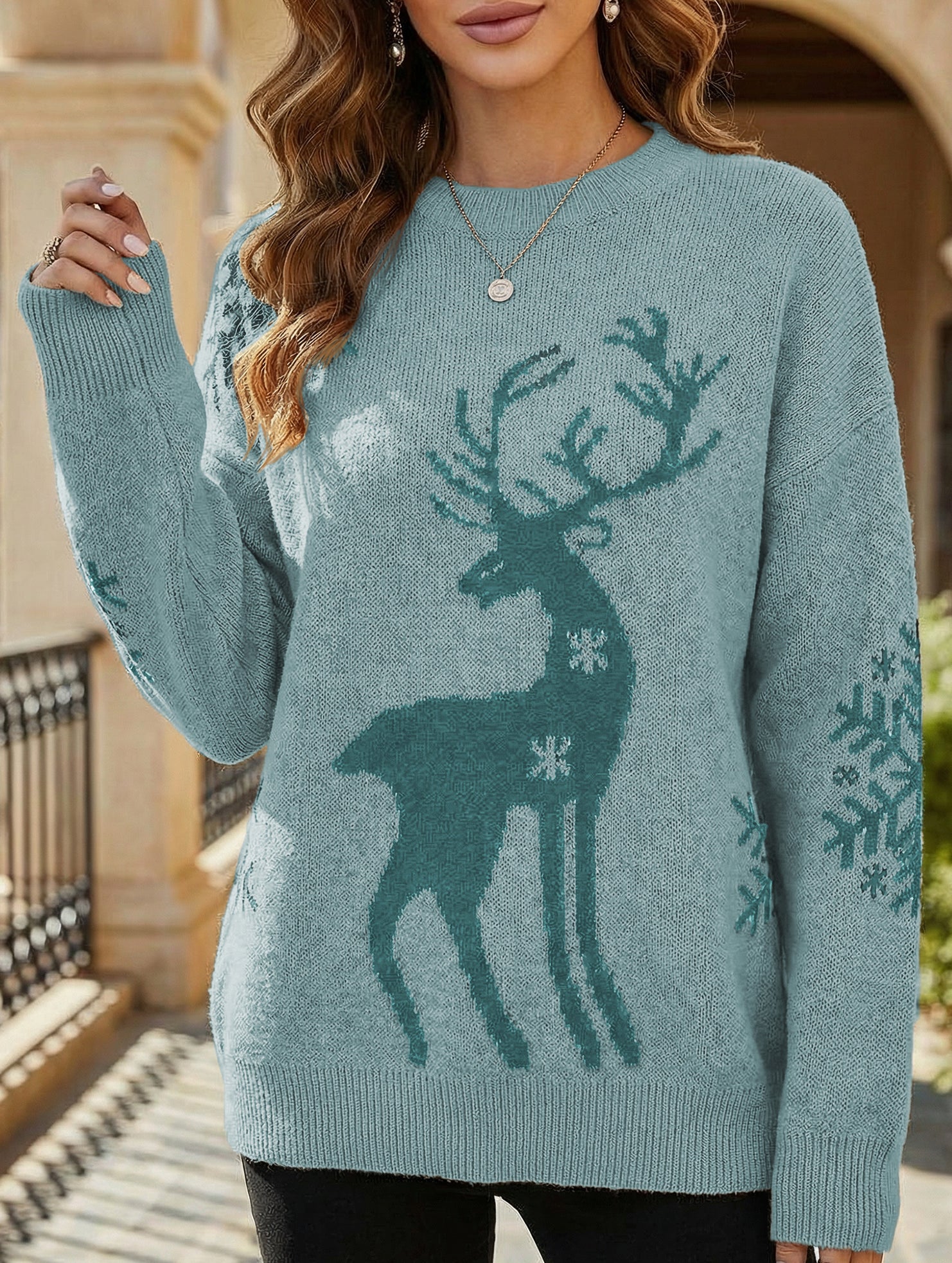 Deer jacquard crew neck knit sweater