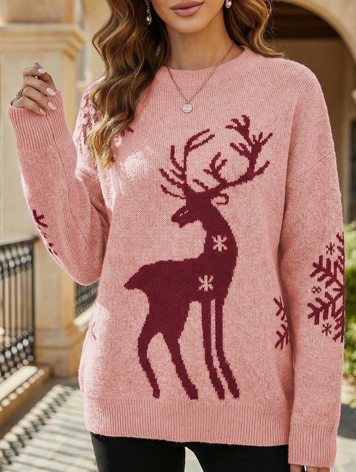 Deer jacquard crew neck knit sweater