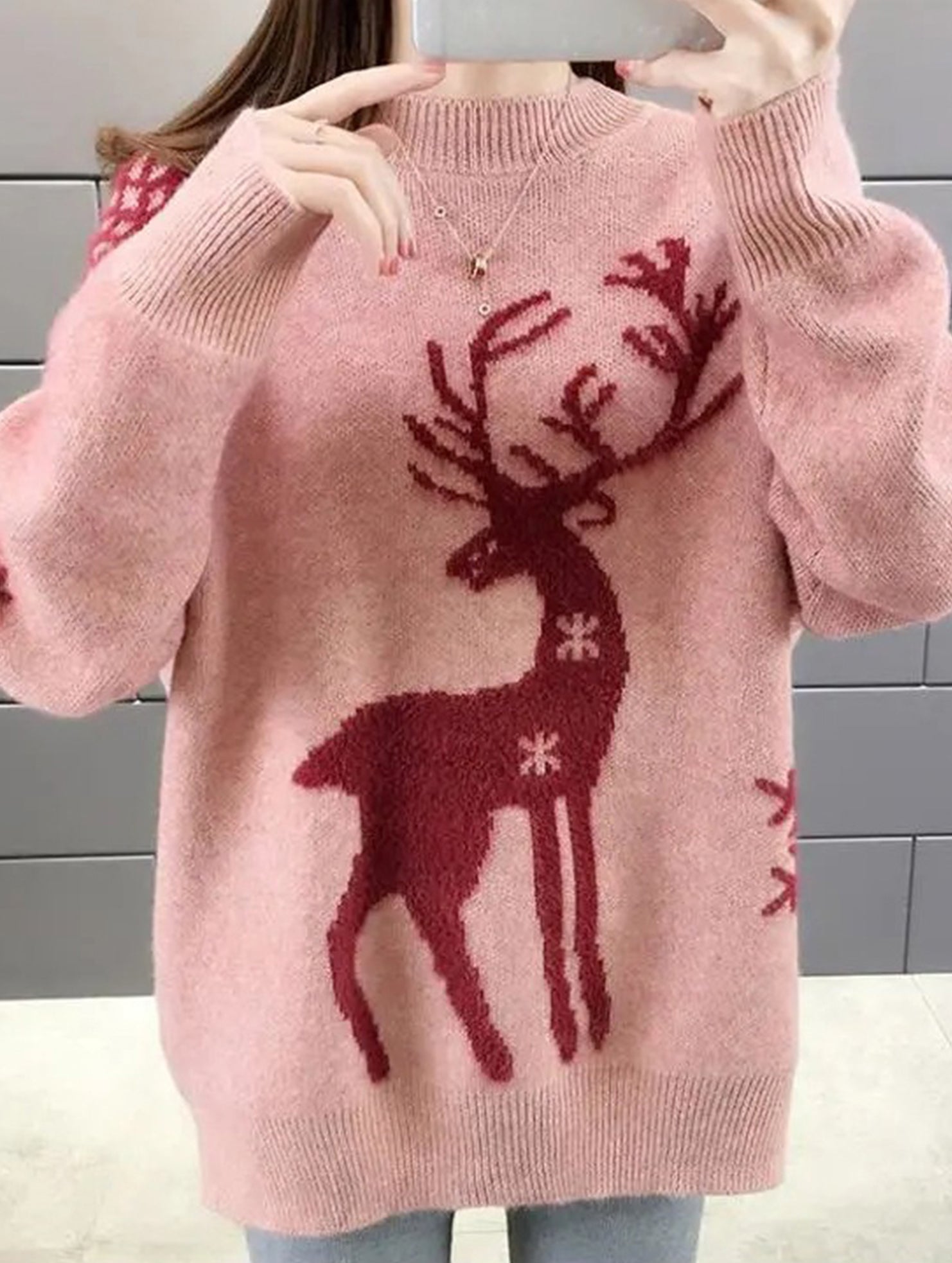 Deer jacquard crew neck knit sweater