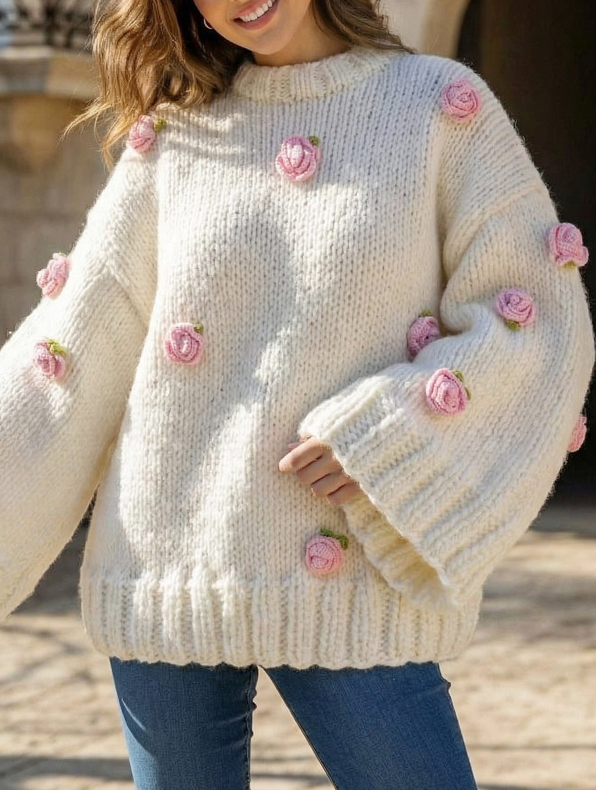 LAZY STYLE CREAMY WHITE FLORAL EMBELLISHED SWEATER