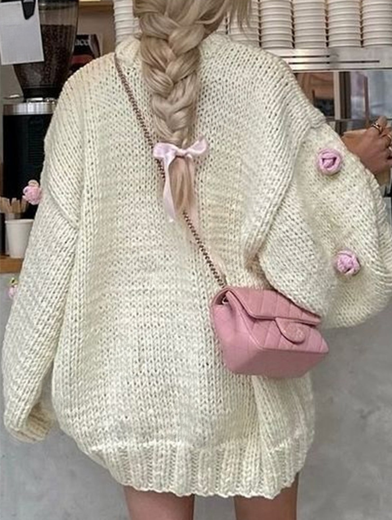 LAZY STYLE CREAMY WHITE FLORAL EMBELLISHED SWEATER