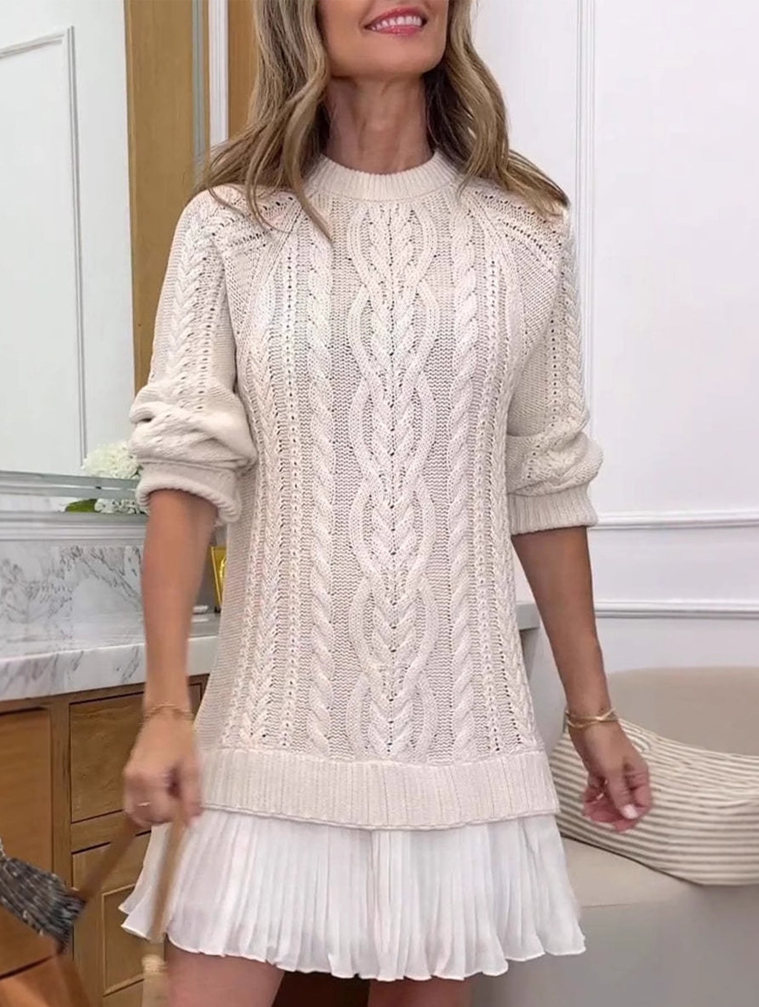 Cable Knit Chiffon Patchwork Mini Dress