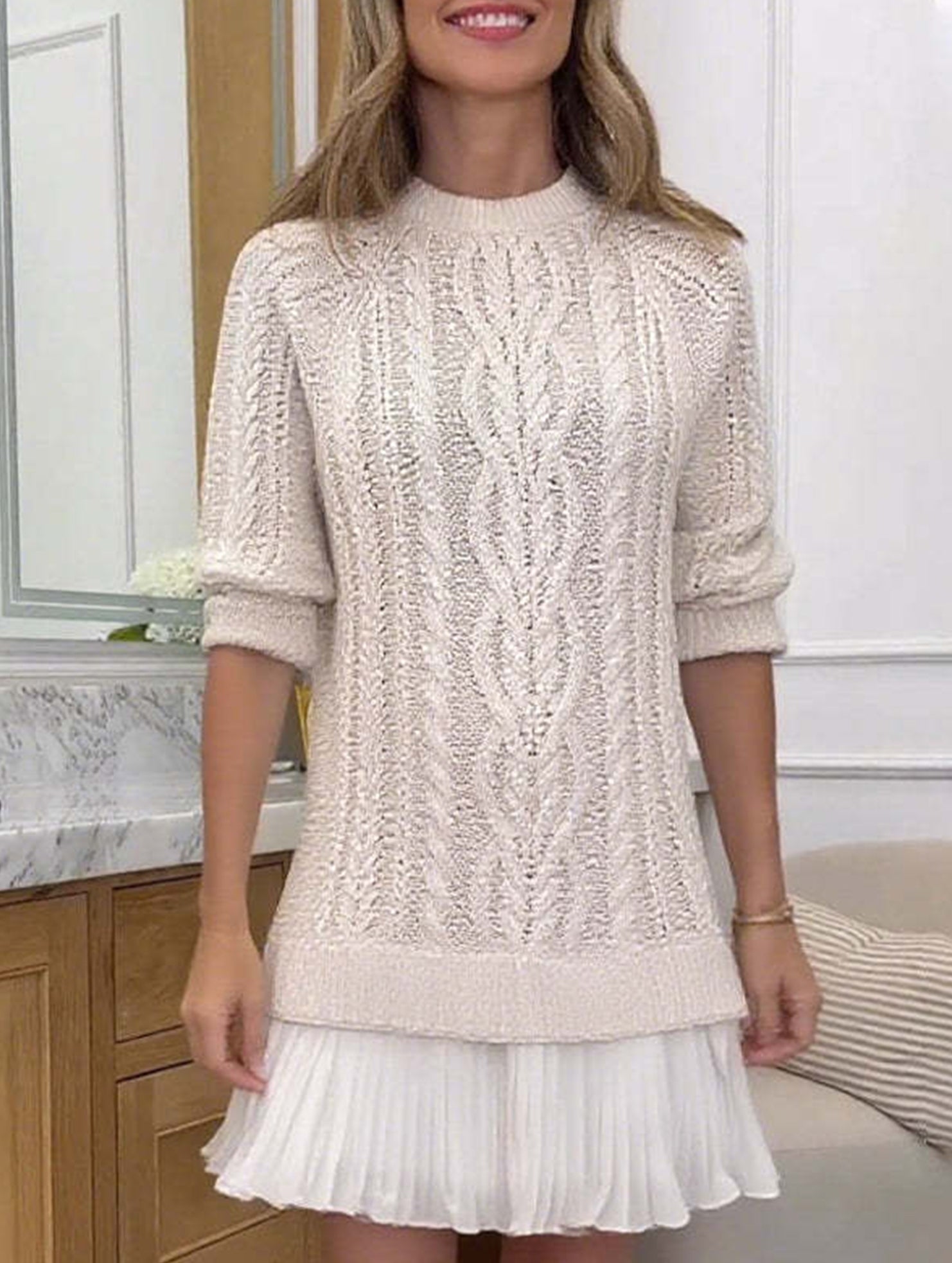 Cable Knit Chiffon Patchwork Mini Dress
