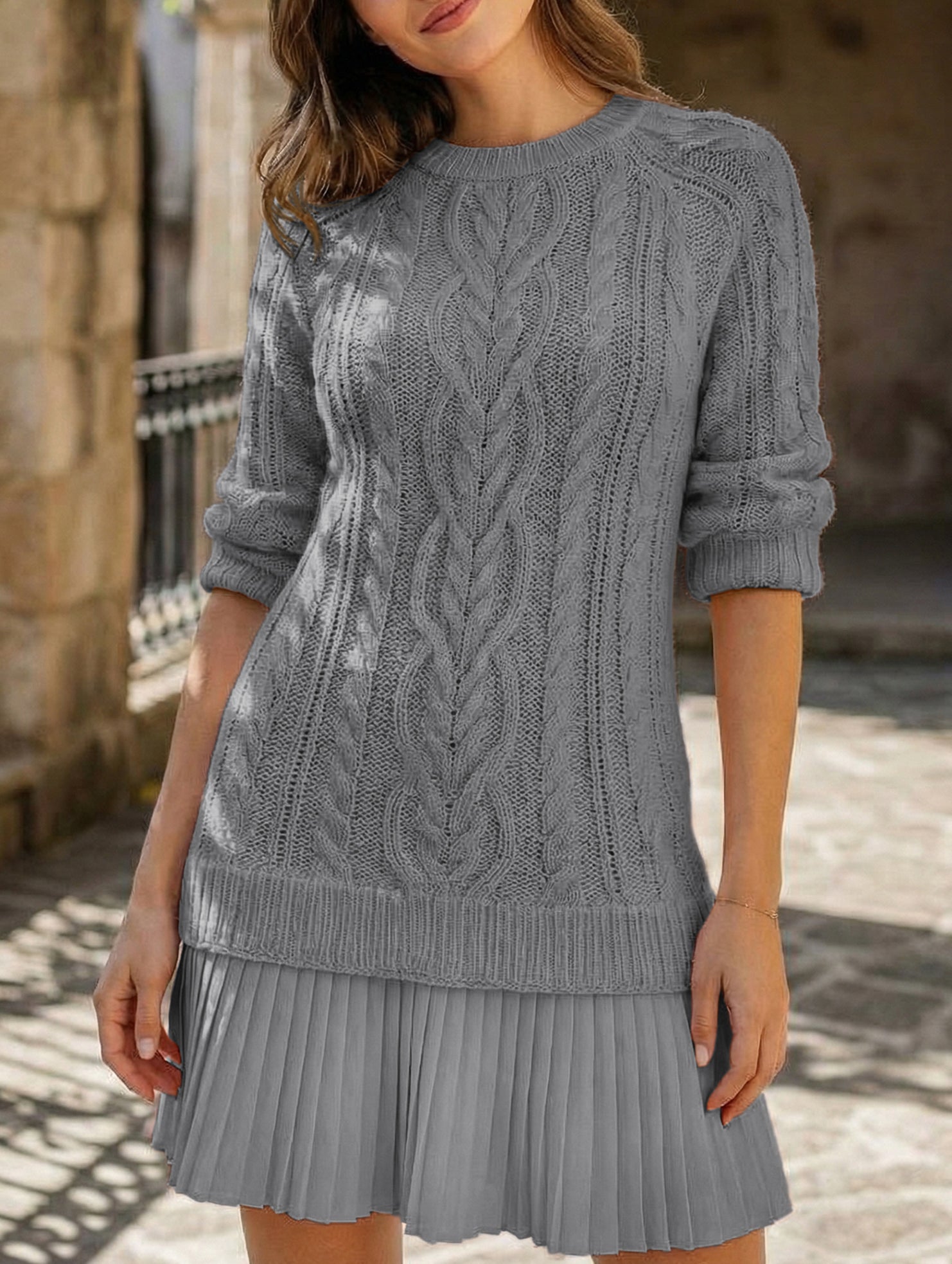 Cable Knit Chiffon Patchwork Mini Dress