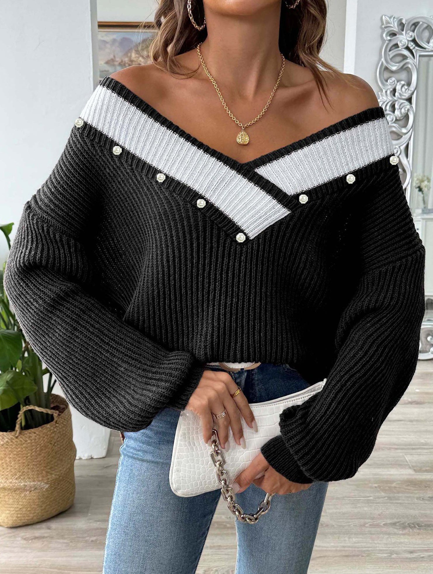 Colorblock Deep V Loose Knit Sweater