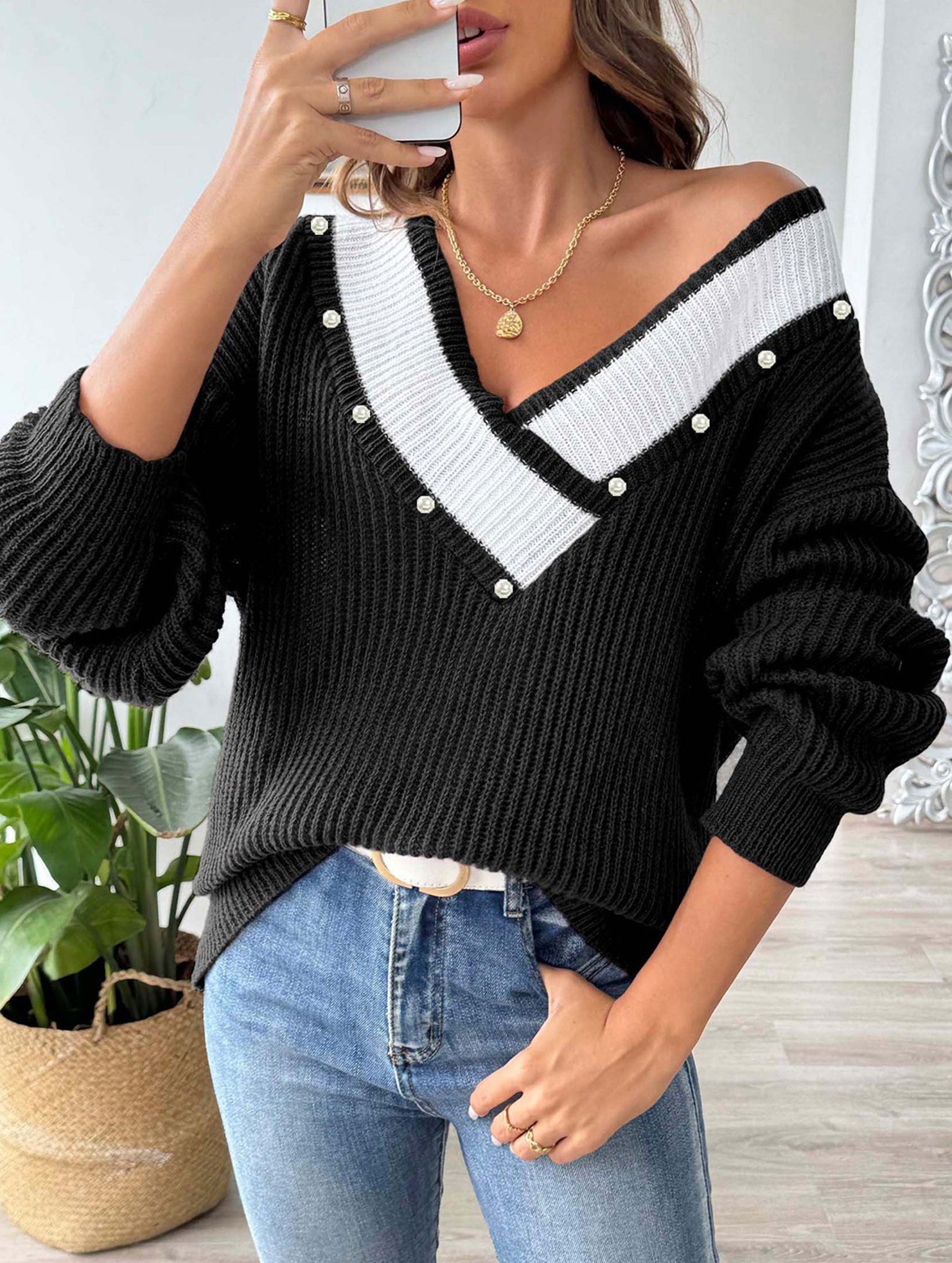 Colorblock Deep V Loose Knit Sweater