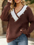 Colorblock Deep V Loose Knit Sweater