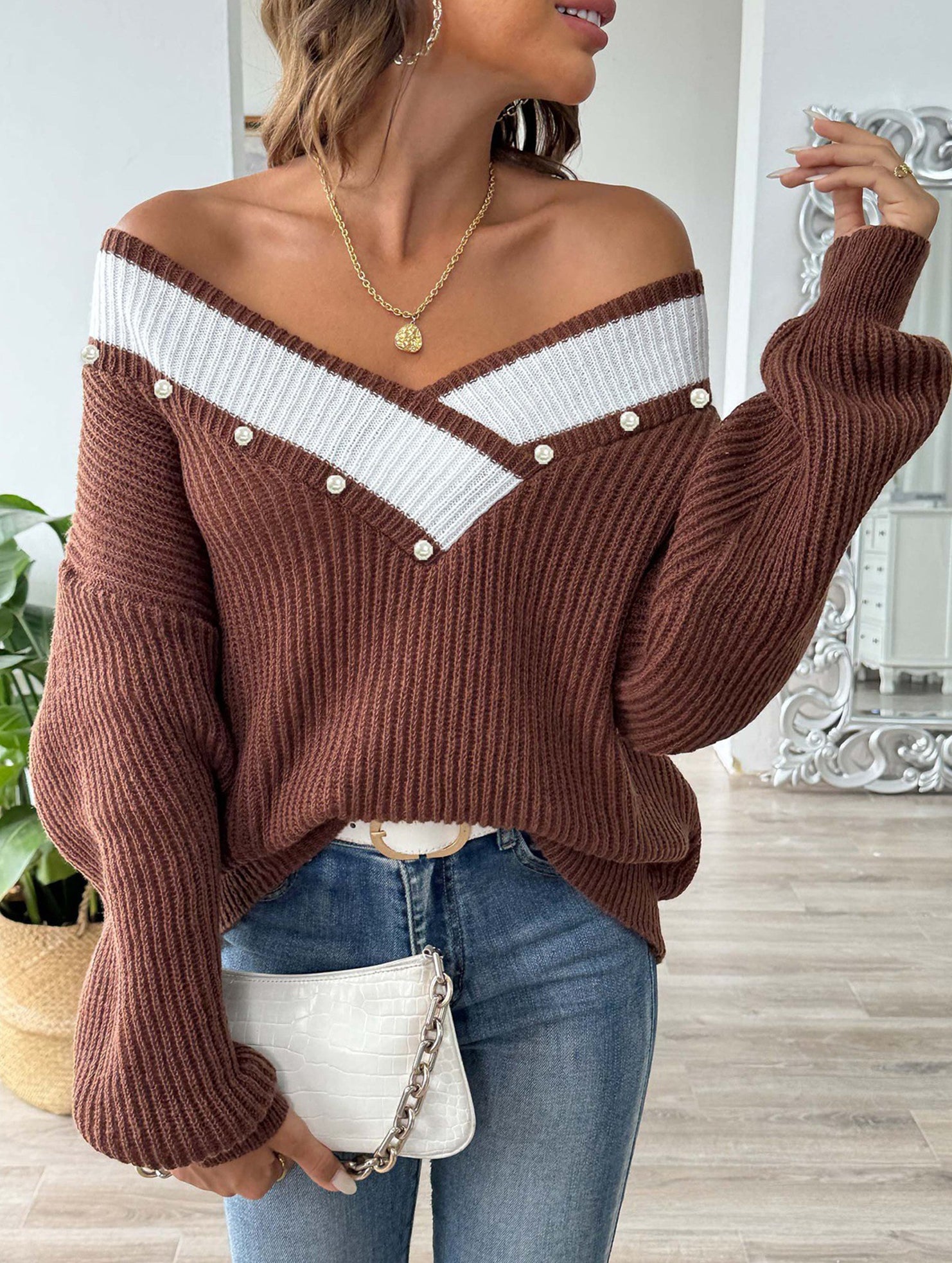 Colorblock Deep V Loose Knit Sweater