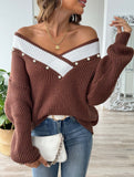 Colorblock Deep V Loose Knit Sweater