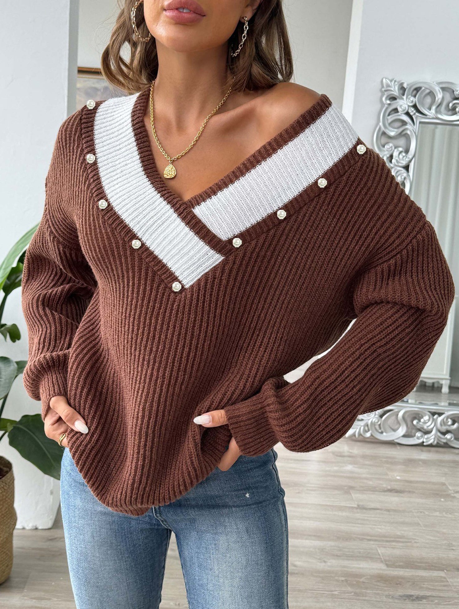 Colorblock Deep V Loose Knit Sweater