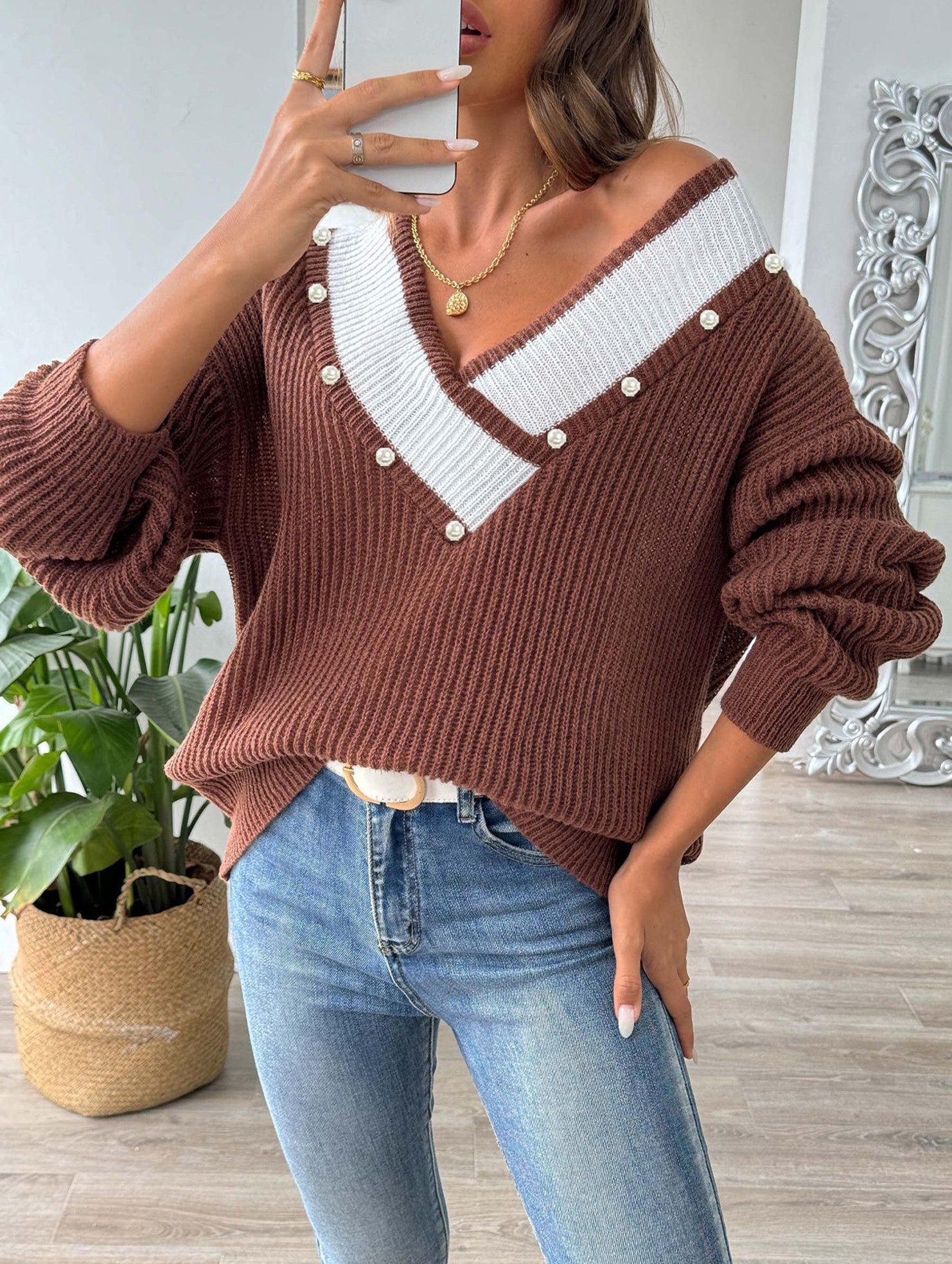 Colorblock Deep V Loose Knit Sweater