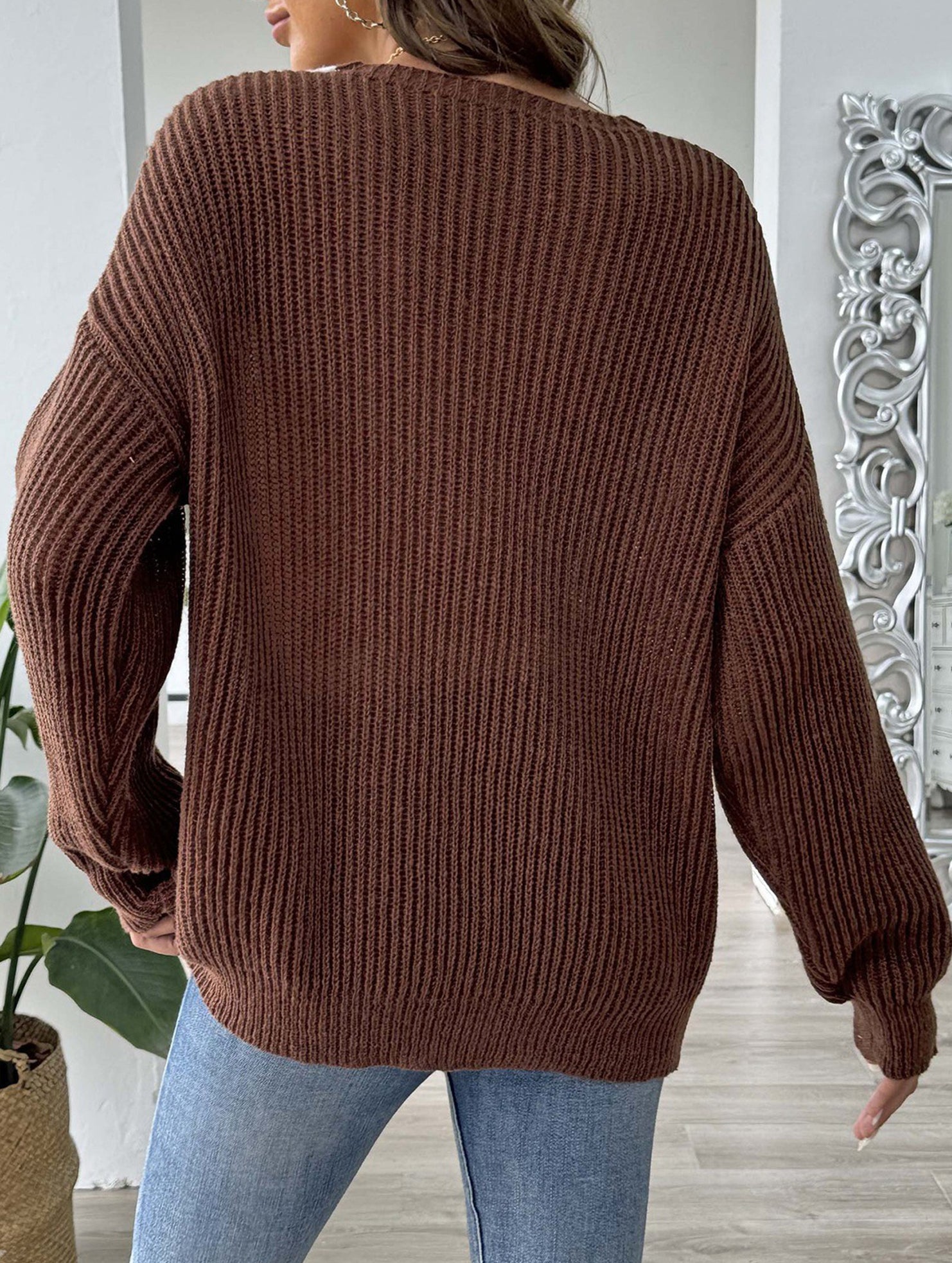 Colorblock Deep V Loose Knit Sweater