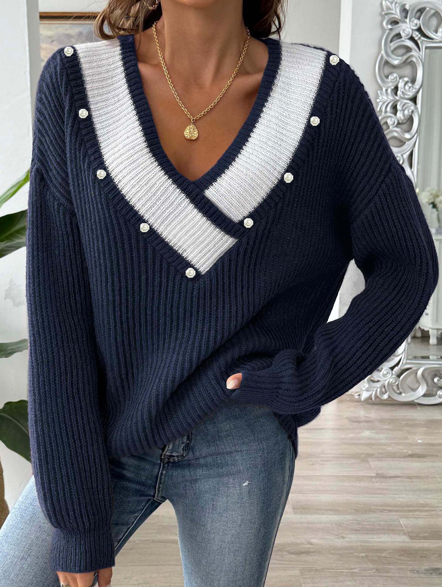 Colorblock Deep V Loose Knit Sweater