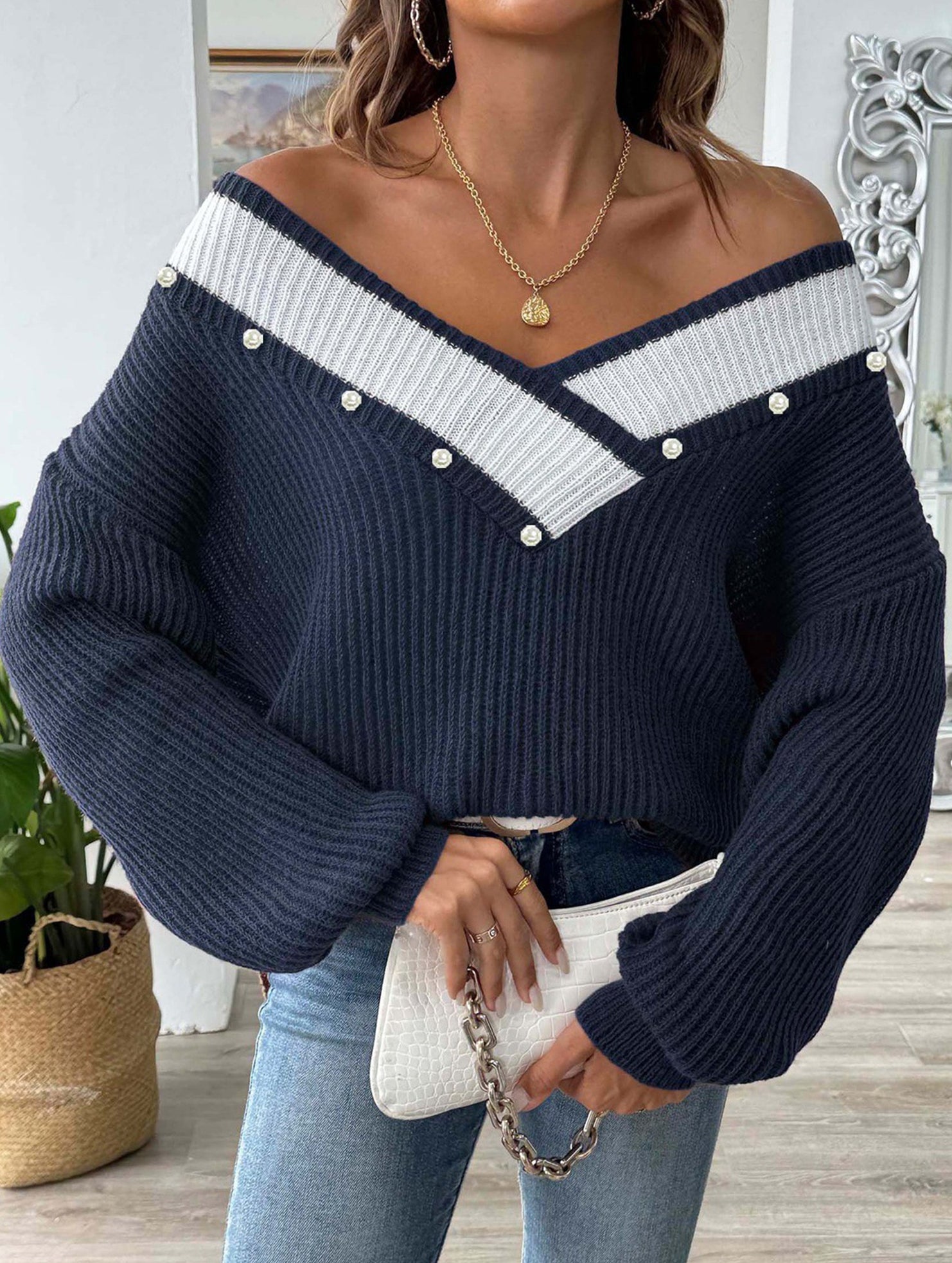 Colorblock Deep V Loose Knit Sweater