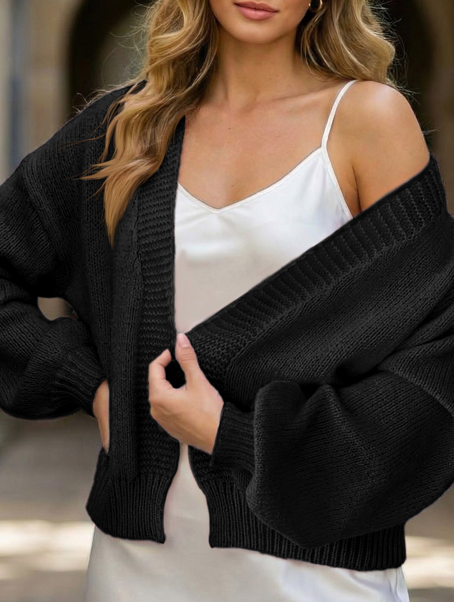 Lantern Sleeve Short Knit Cardigan