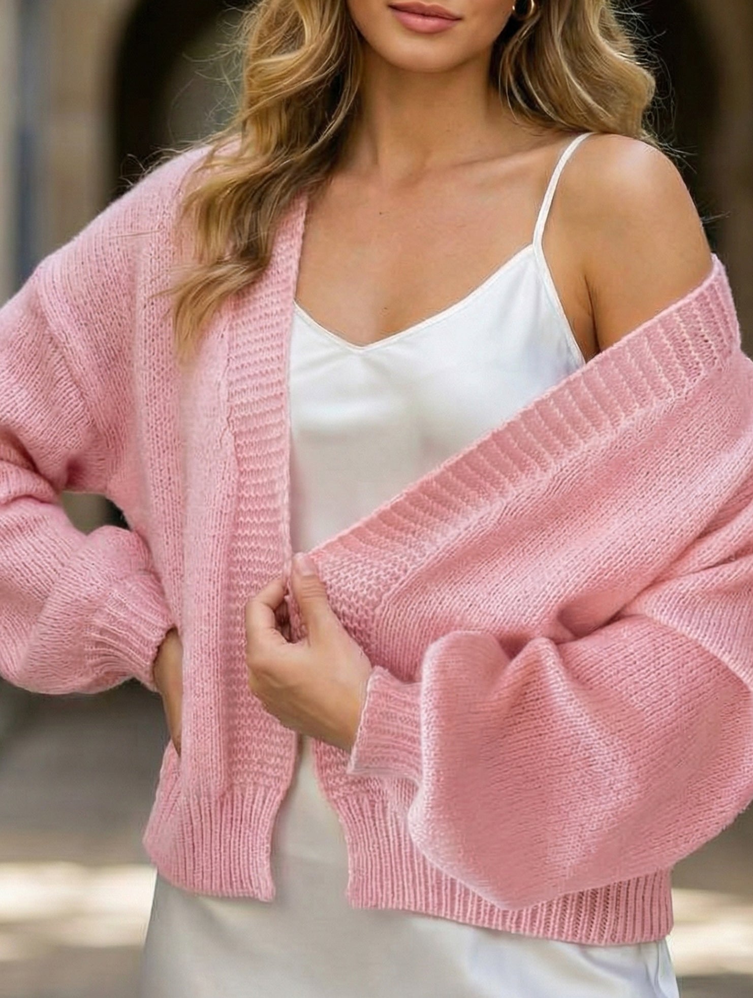 Lantern Sleeve Short Knit Cardigan