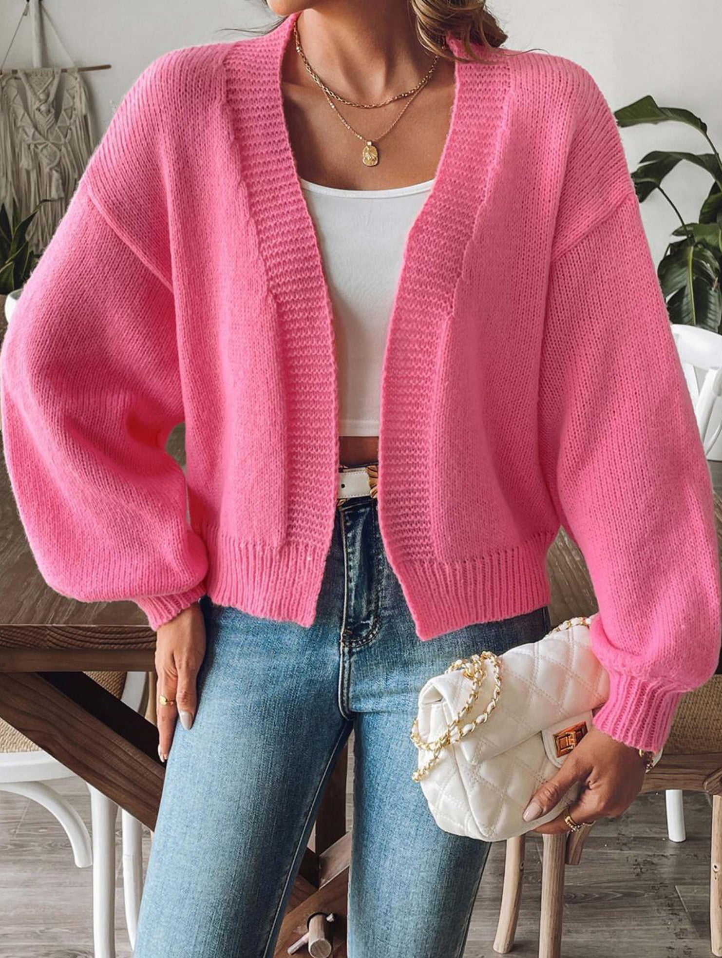 Lantern Sleeve Short Knit Cardigan