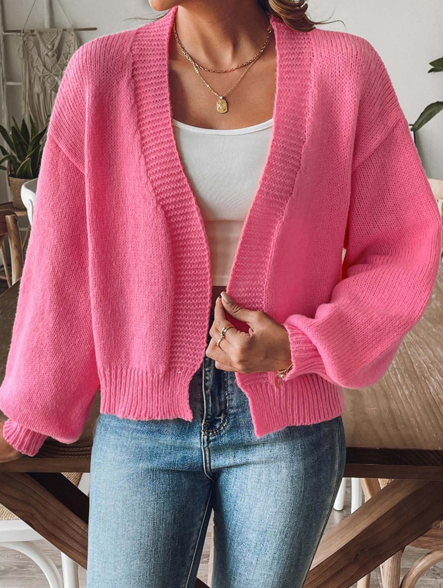 Lantern Sleeve Short Knit Cardigan