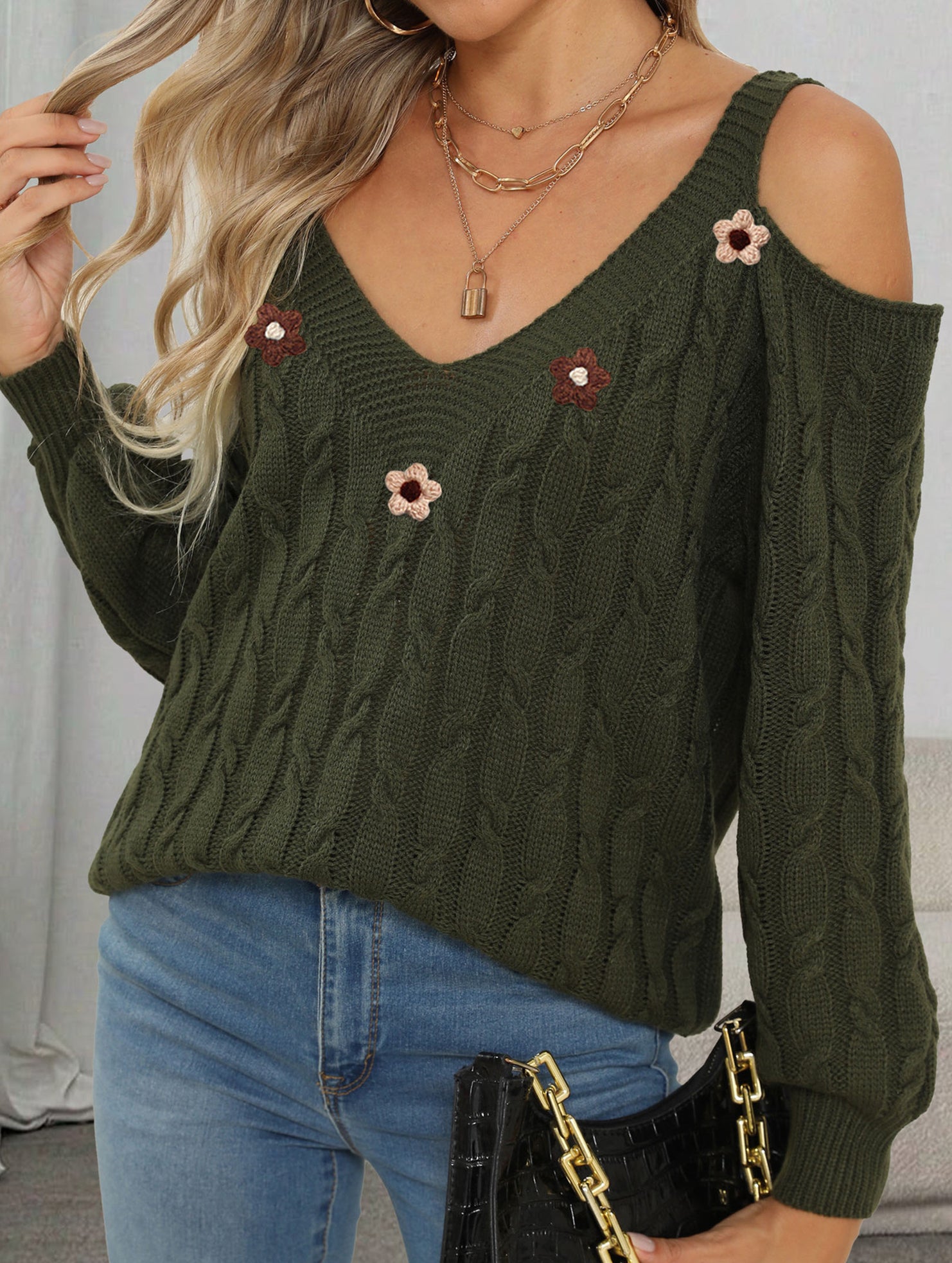 Off Shoulder Knit Sweater with Crochet