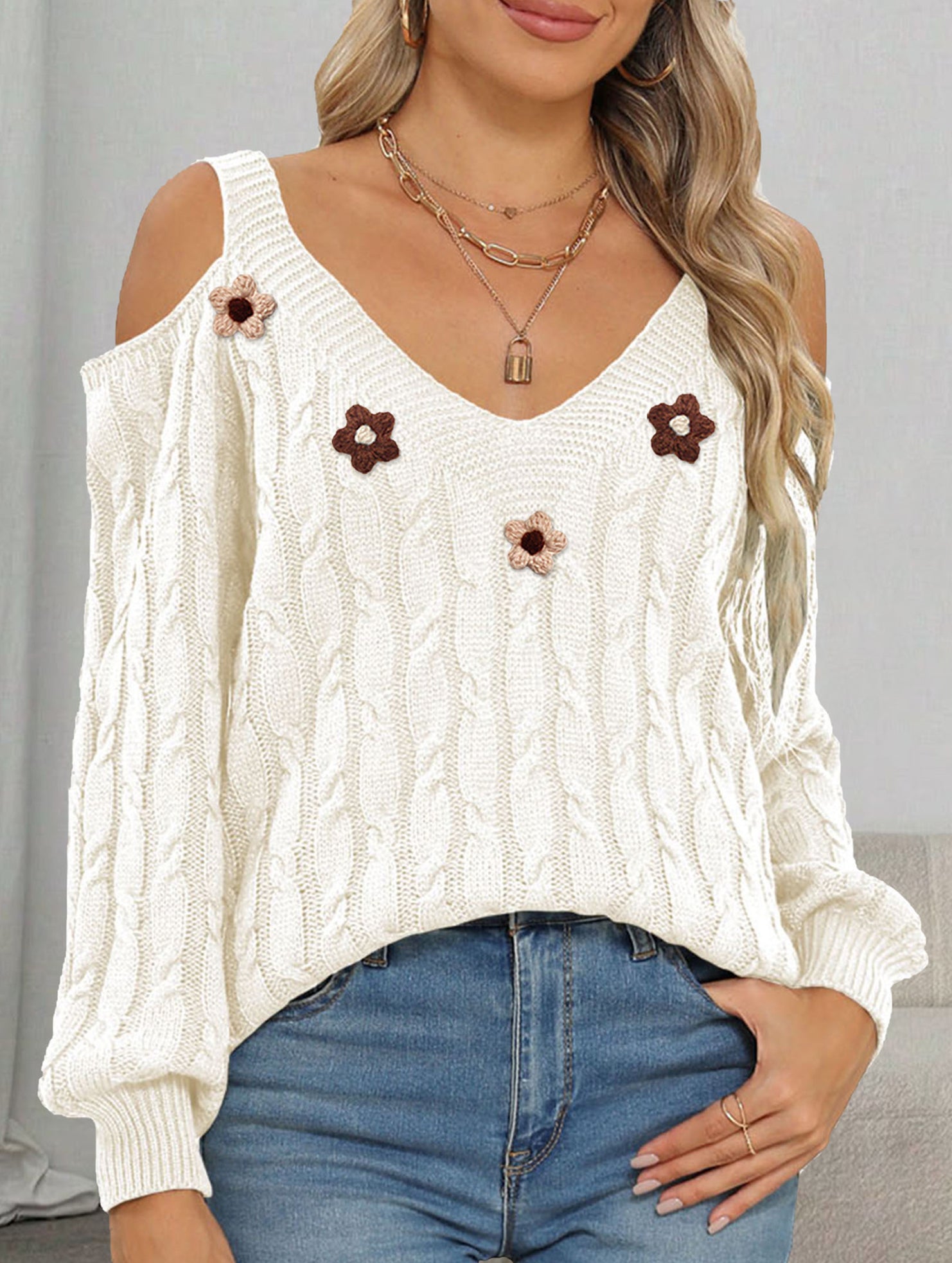 Off Shoulder Knit Sweater with Crochet