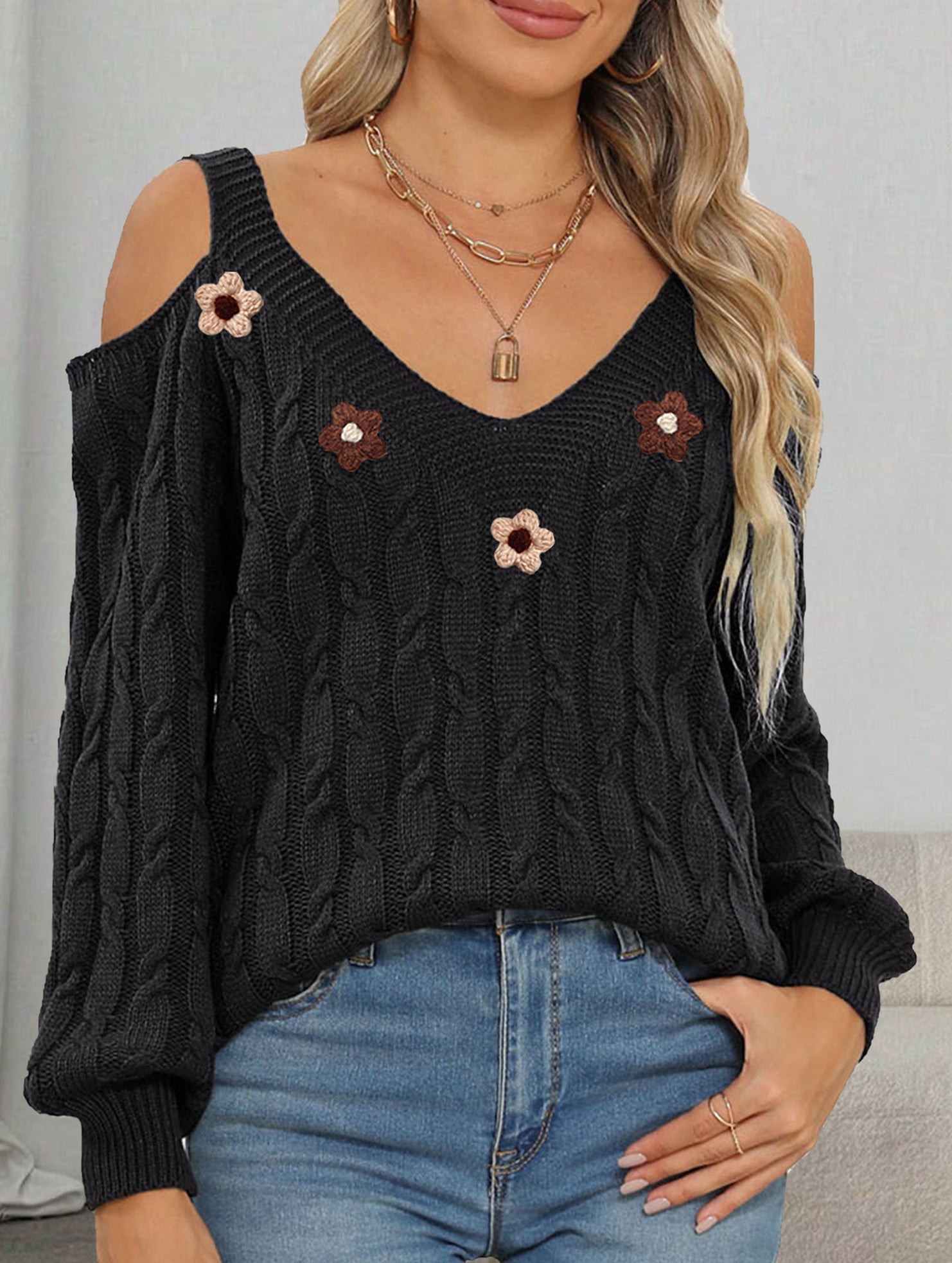 Off Shoulder Knit Sweater with Crochet