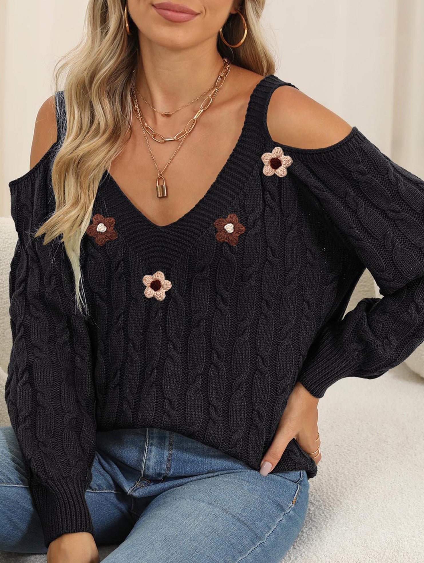 Off Shoulder Knit Sweater with Crochet