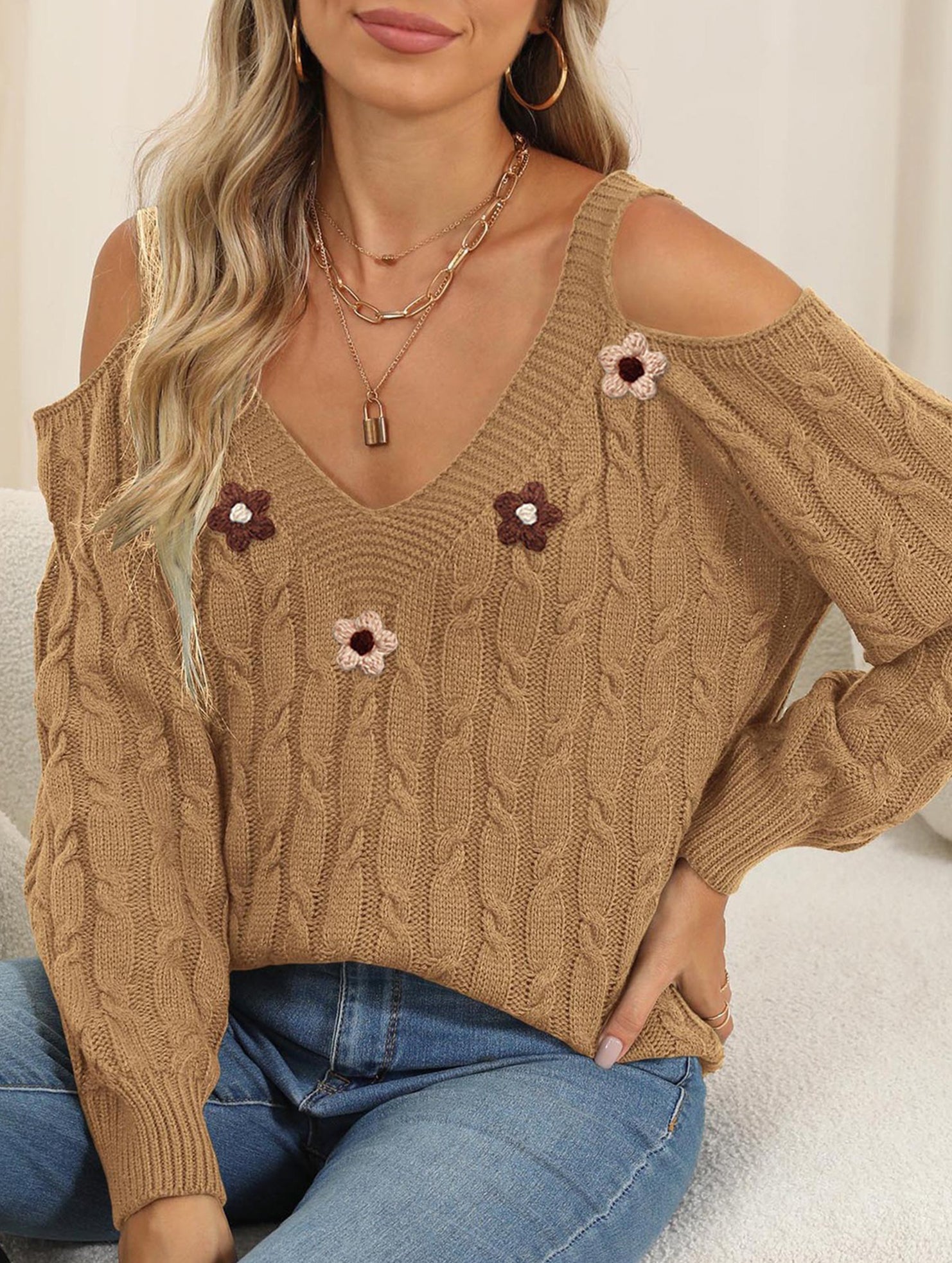 Off Shoulder Knit Sweater with Crochet