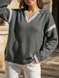 Loose V Neck Hooded Knit Sweater_CWOSWL09132