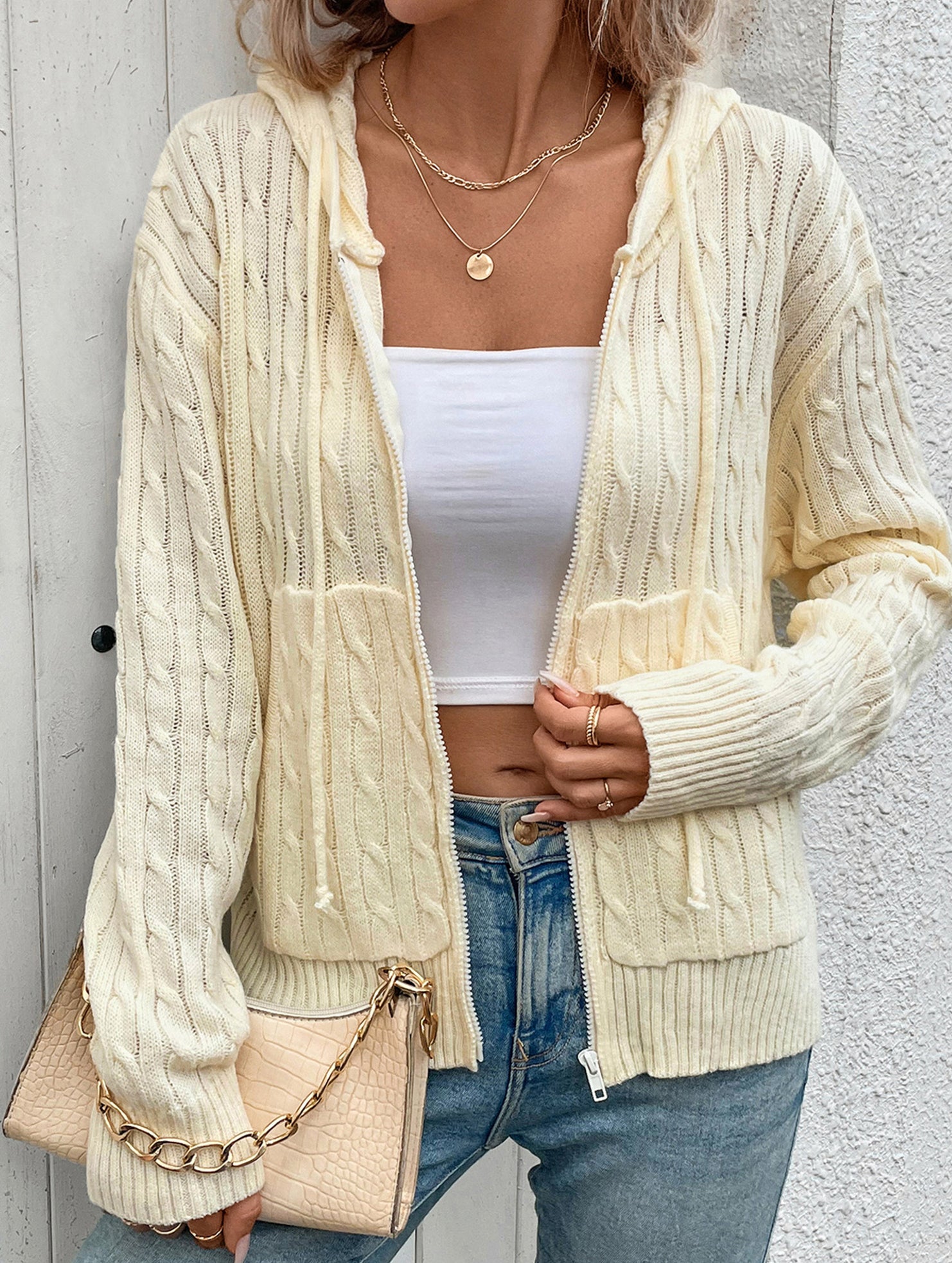 Hooded Cable Knit Cardigan Sweater_CWOSWL09136