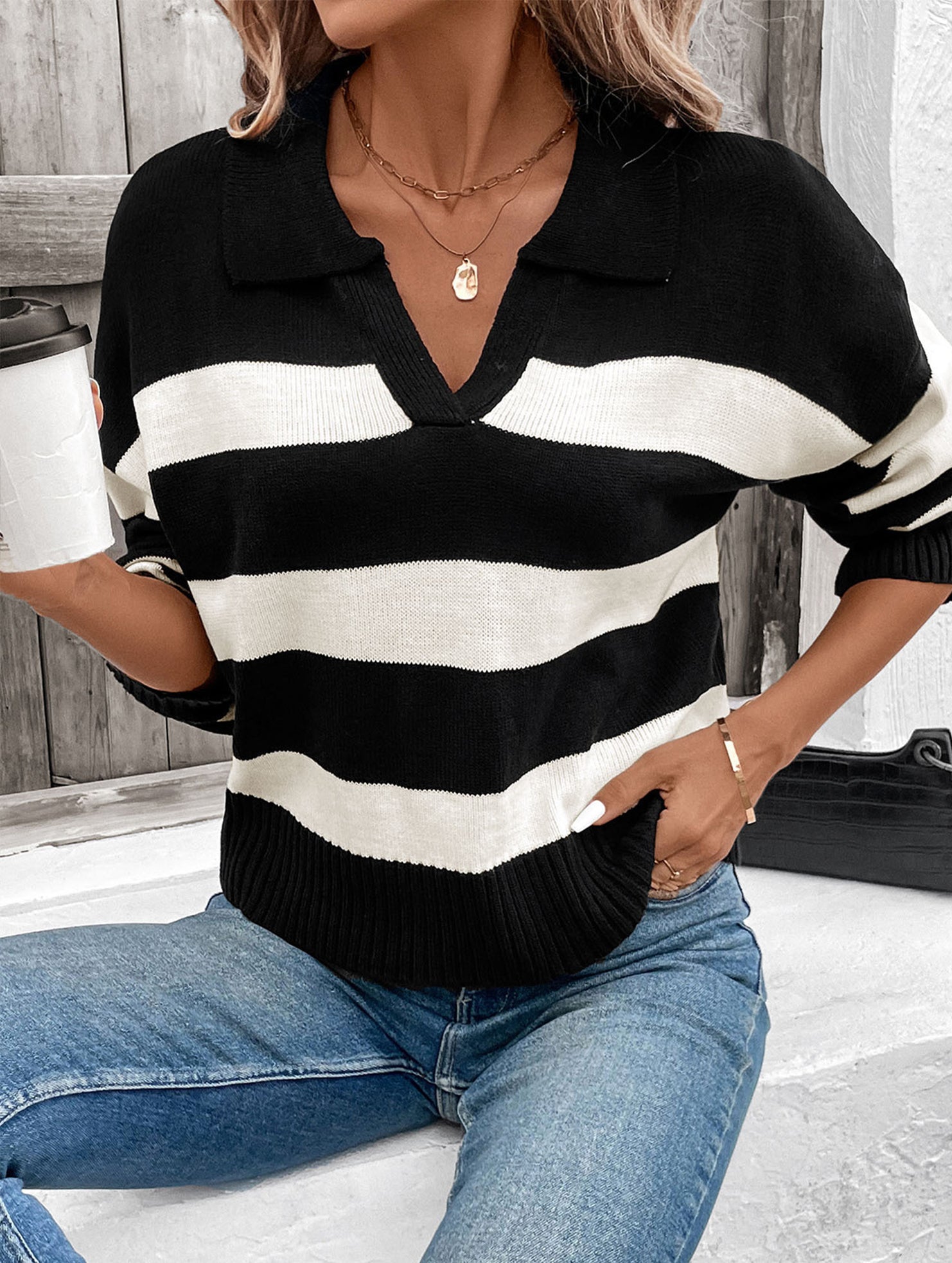 Striped Collared Long Sleeve Knit Sweater_CWOSWL09137