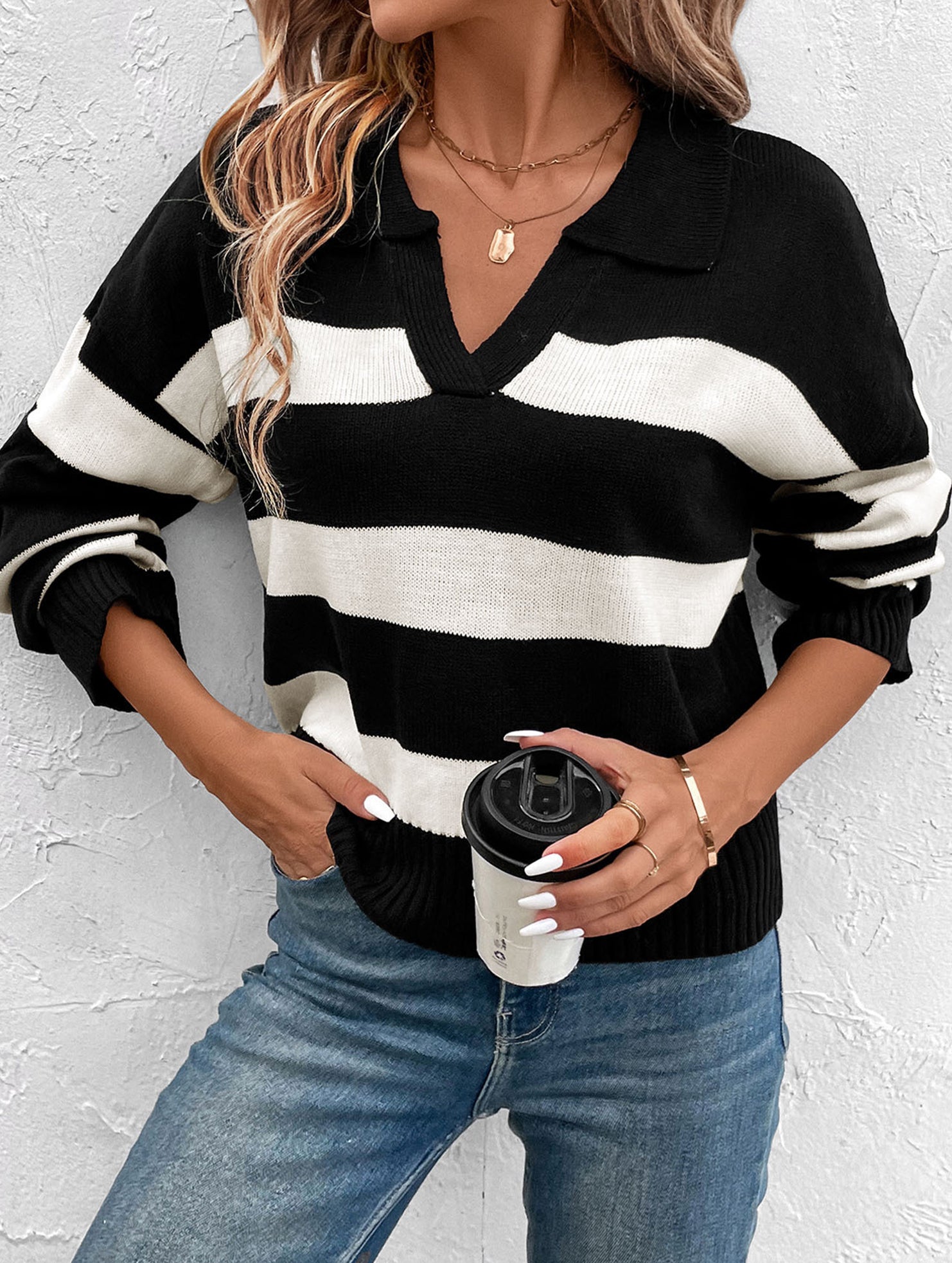 Striped Collared Long Sleeve Knit Sweater_CWOSWL09137