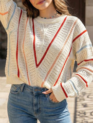 V Pattern Hollow Knit Sweater Top_CWOSWL09138