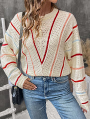 V Pattern Hollow Knit Sweater Top_CWOSWL09138