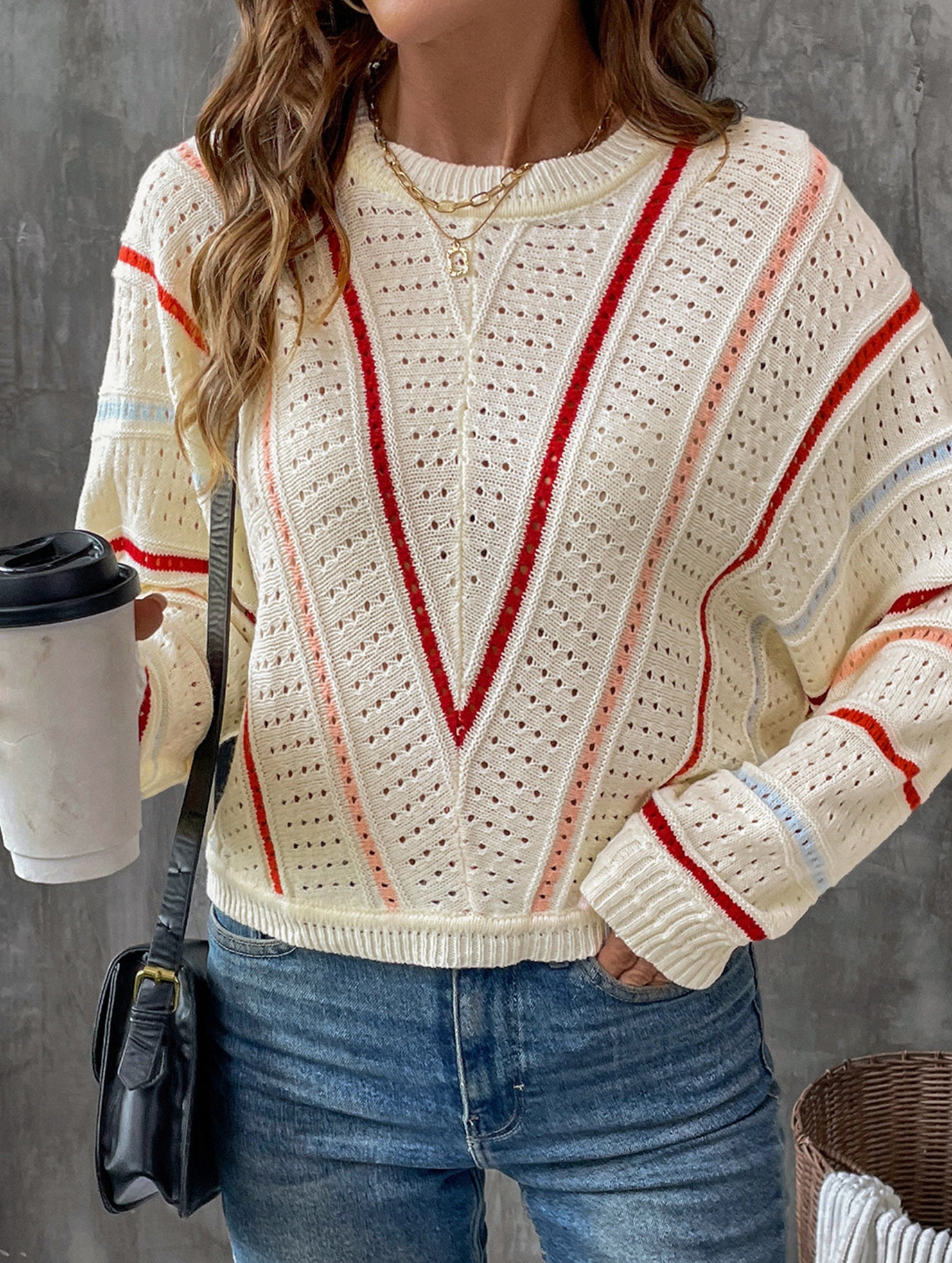 V Pattern Hollow Knit Sweater Top_CWOSWL09138