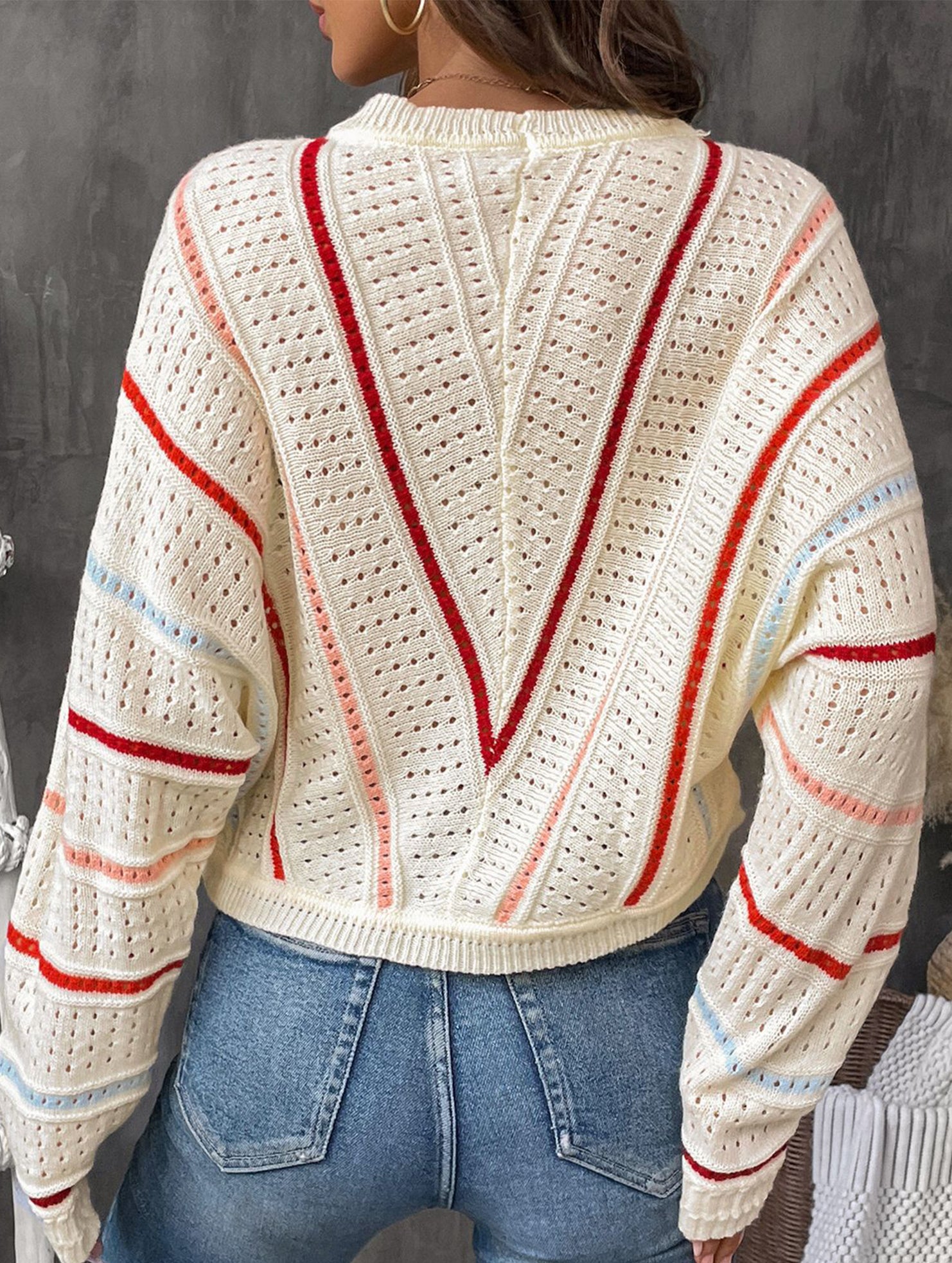 V Pattern Hollow Knit Sweater Top_CWOSWL09138