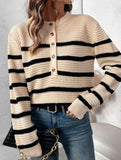 Button Stripe Loose Lazy Knit Sweater_CWOSWL09139