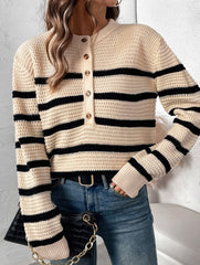 Button Stripe Loose Lazy Knit Sweater_CWOSWL09139