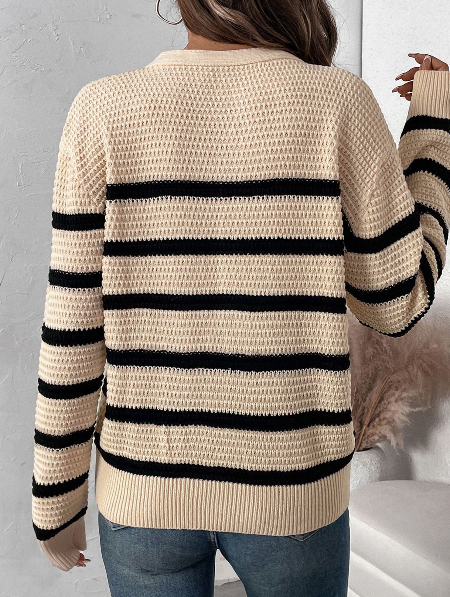 Button Stripe Loose Lazy Knit Sweater_CWOSWL09139