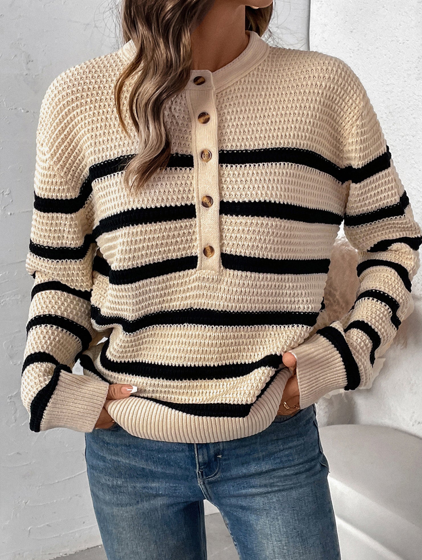 Button Stripe Loose Lazy Knit Sweater_CWOSWL09139