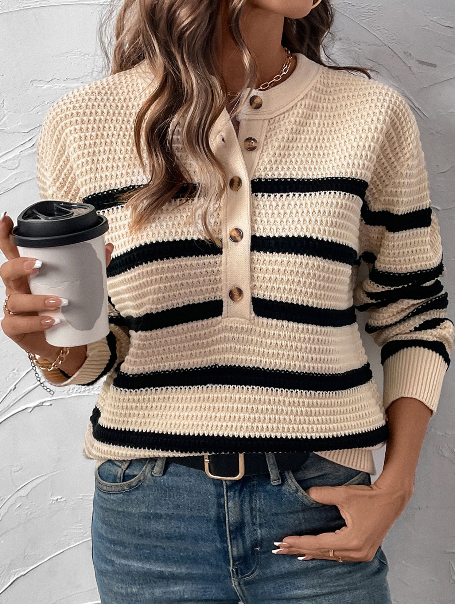 Button Stripe Loose Lazy Knit Sweater_CWOSWL09139