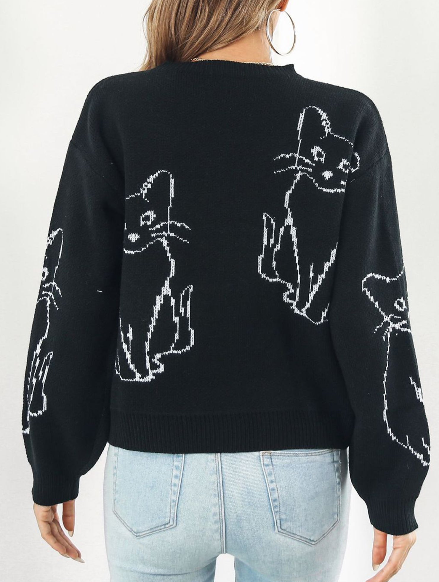 Cat jacquard loose knit sweater for women