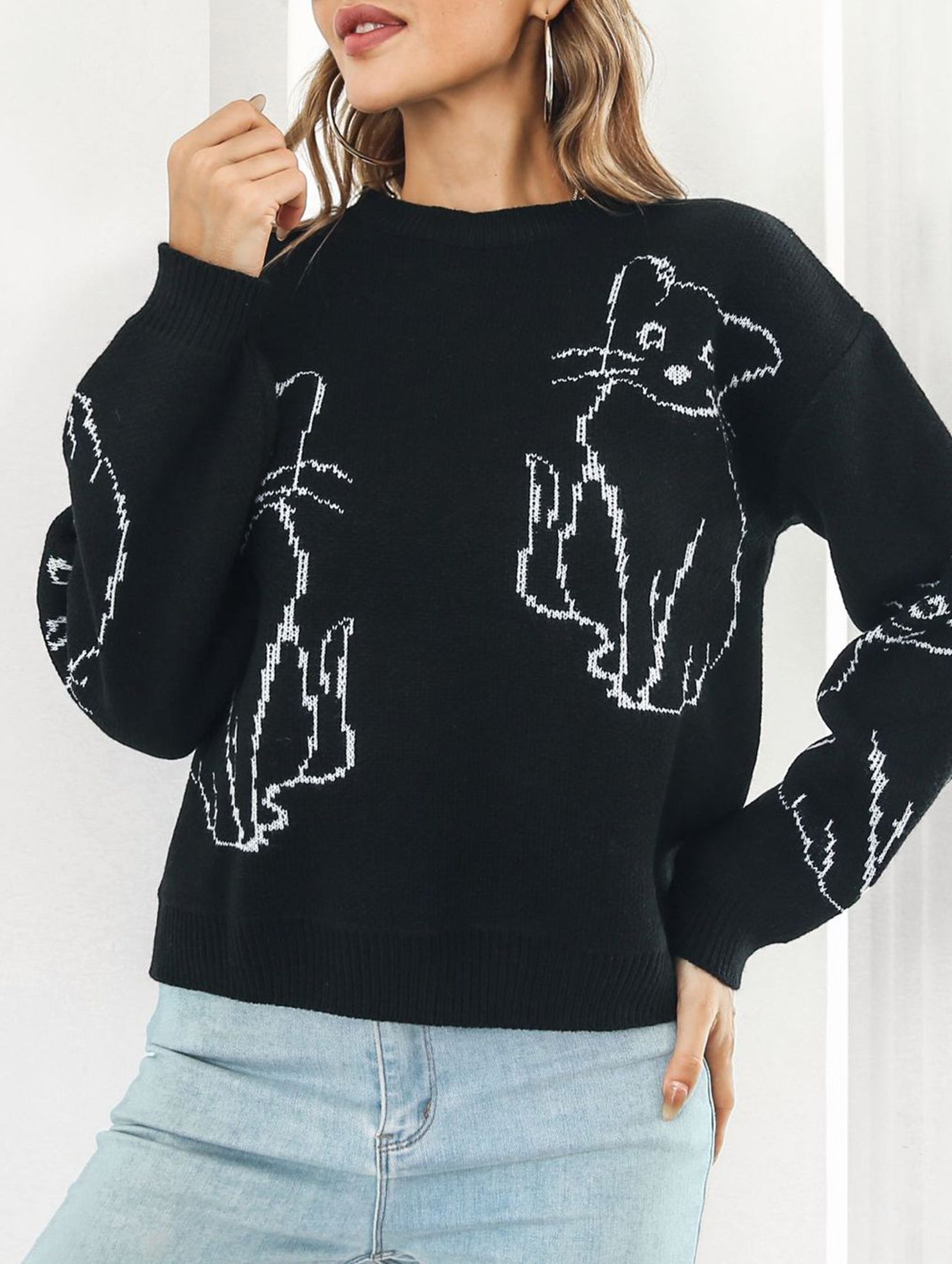 Cat jacquard loose knit sweater for women