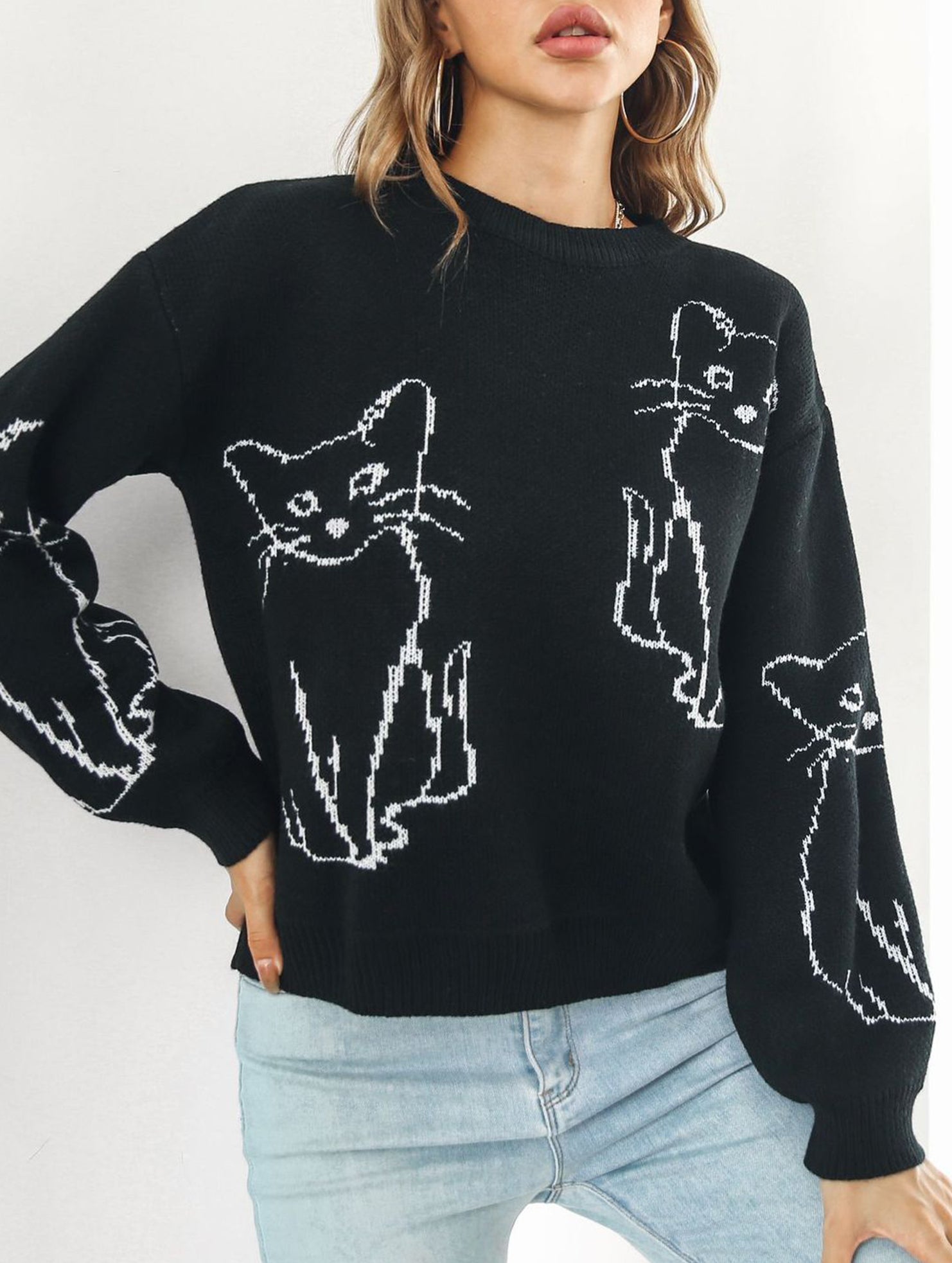 Cat jacquard loose knit sweater for women